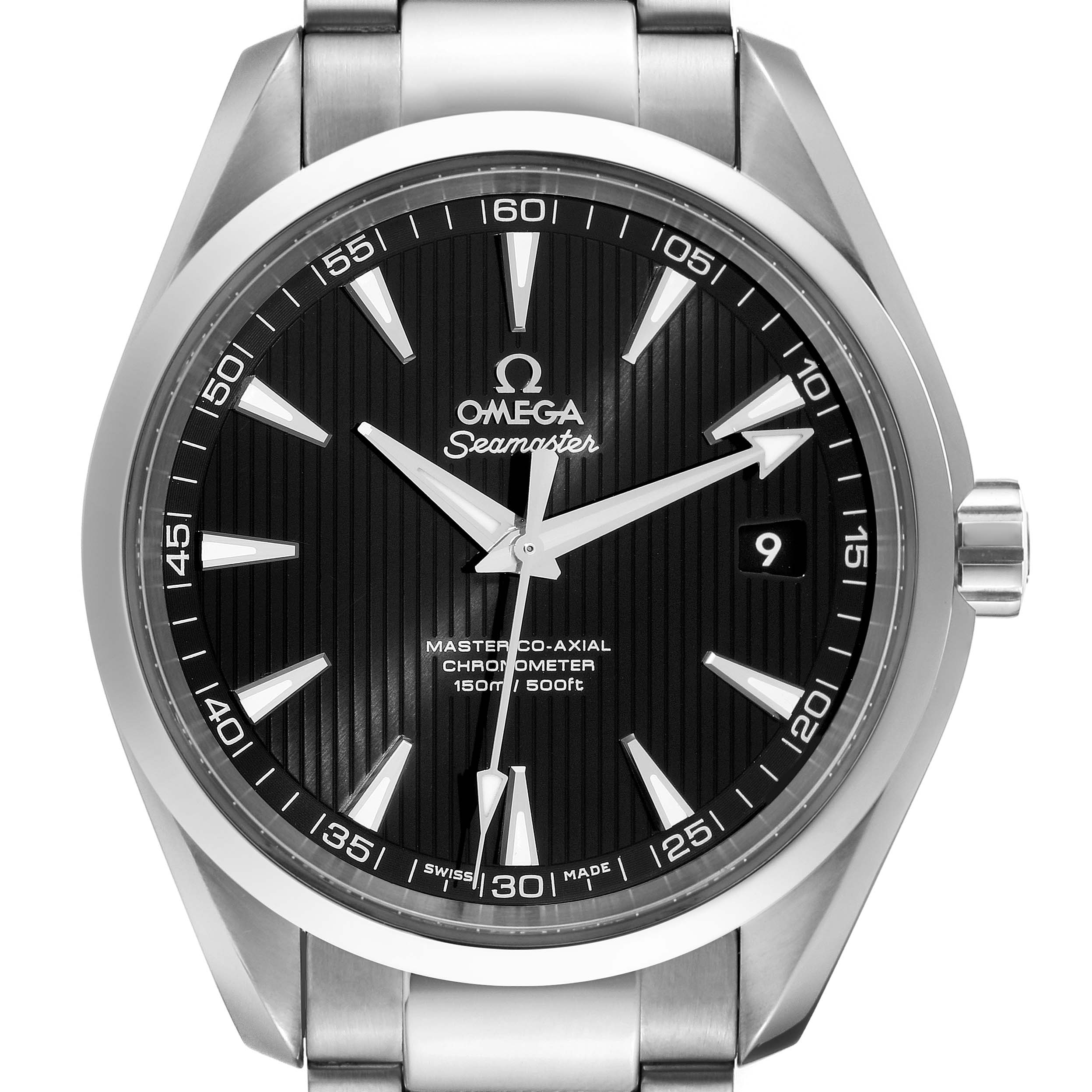 This image shows a front view of the Omega Seamaster Aqua Terra watch.