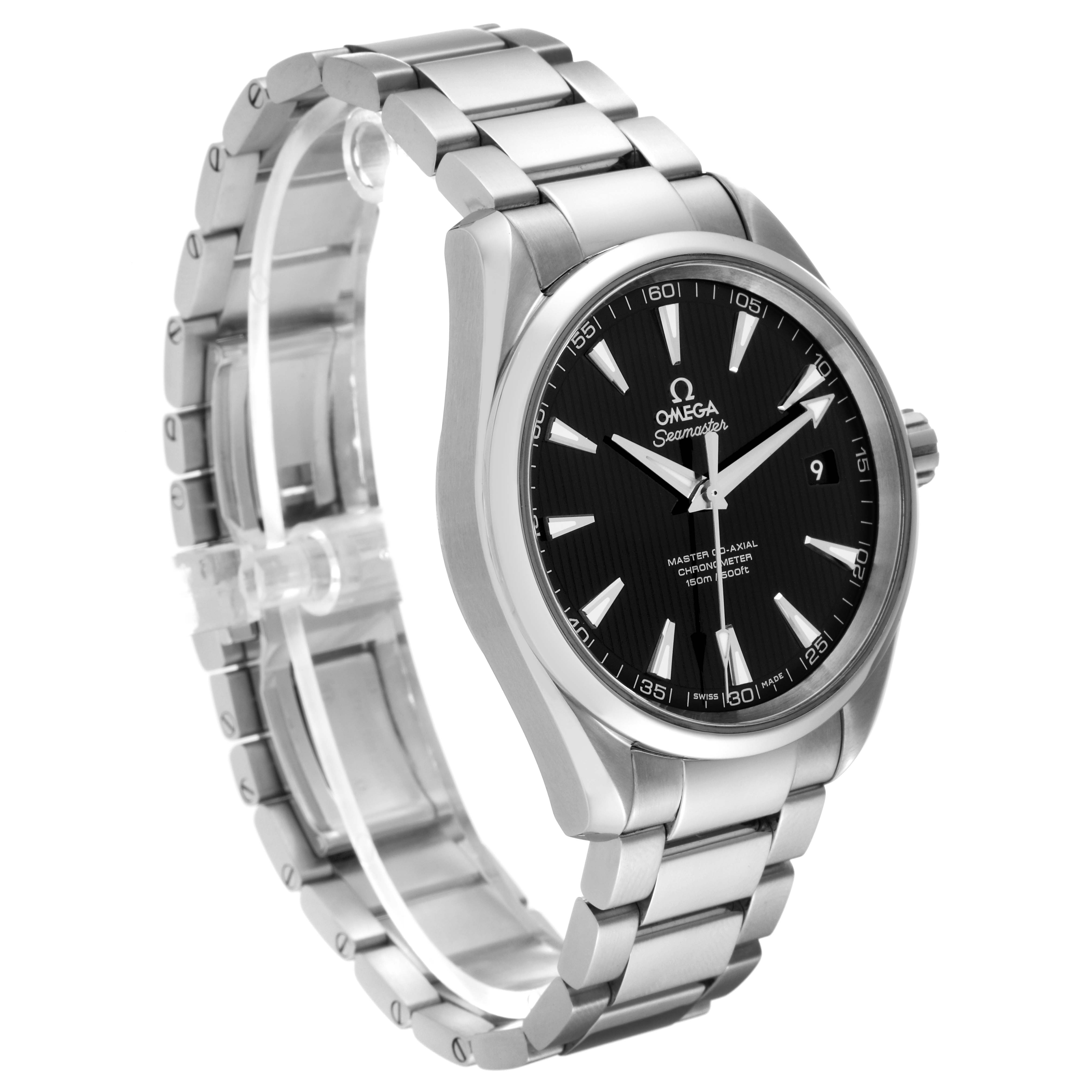 The image shows an angled view of the Omega Aqua Terra 231.10.42.21.01.003 Men
s Stainless Steel Black Dial 231.10.42.21.01.003 Men
s Stainless Steel Black Dial watch, displaying the dial, bezel, bracelet, and part of the clasp.