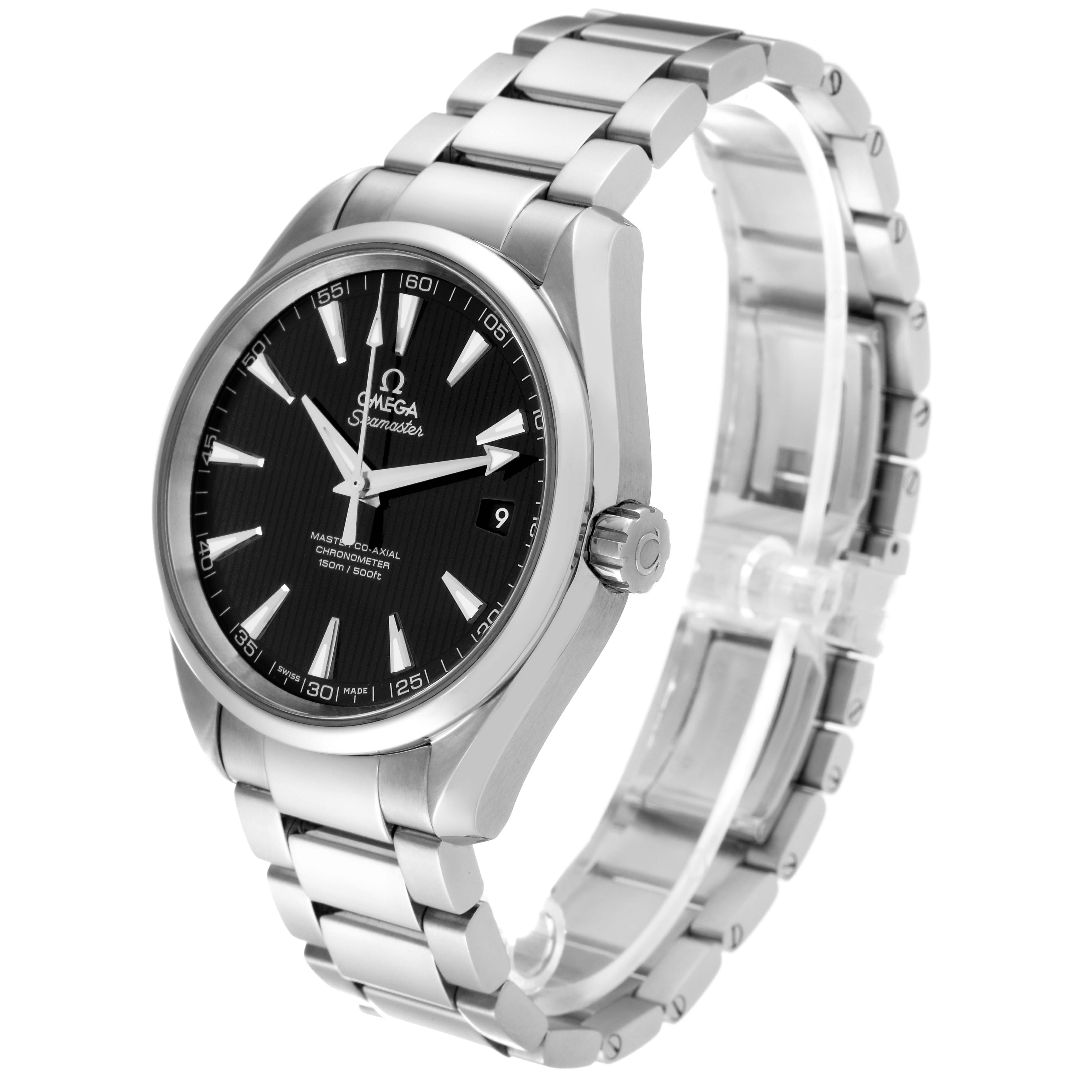 The Omega Aqua Terra 231.10.42.21.01.003 Men
s Stainless Steel Black Dial 231.10.42.21.01.003 Men
s Stainless Steel Black Dial watch is shown at a slight angle, displaying the face, bezel, crown, and a portion of the bracelet.