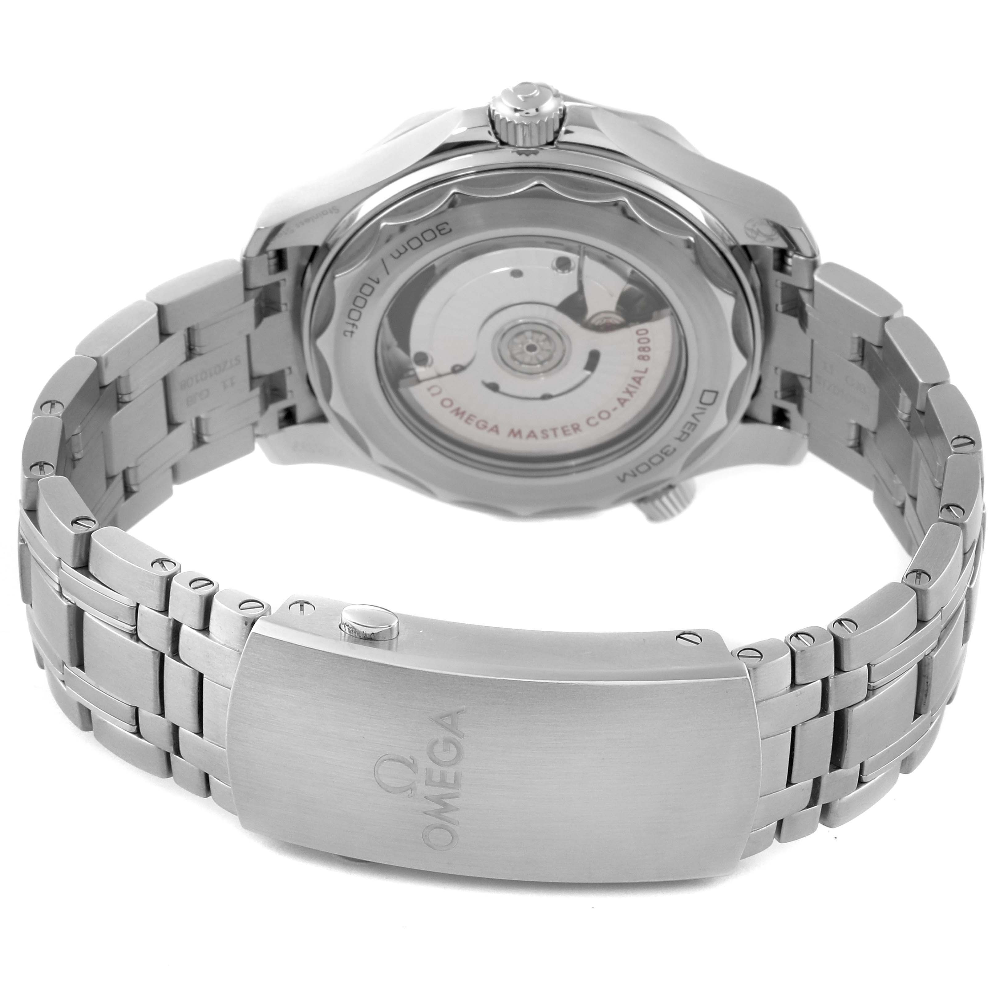 This image shows the back view of an Omega Seamaster 210.30.42.20.01.001 Men
s Stainless Steel Black Dial 210.30.42.20.01.001 Men
s Stainless Steel Black Dial watch, highlighting the bracelet and clasp mechanism.