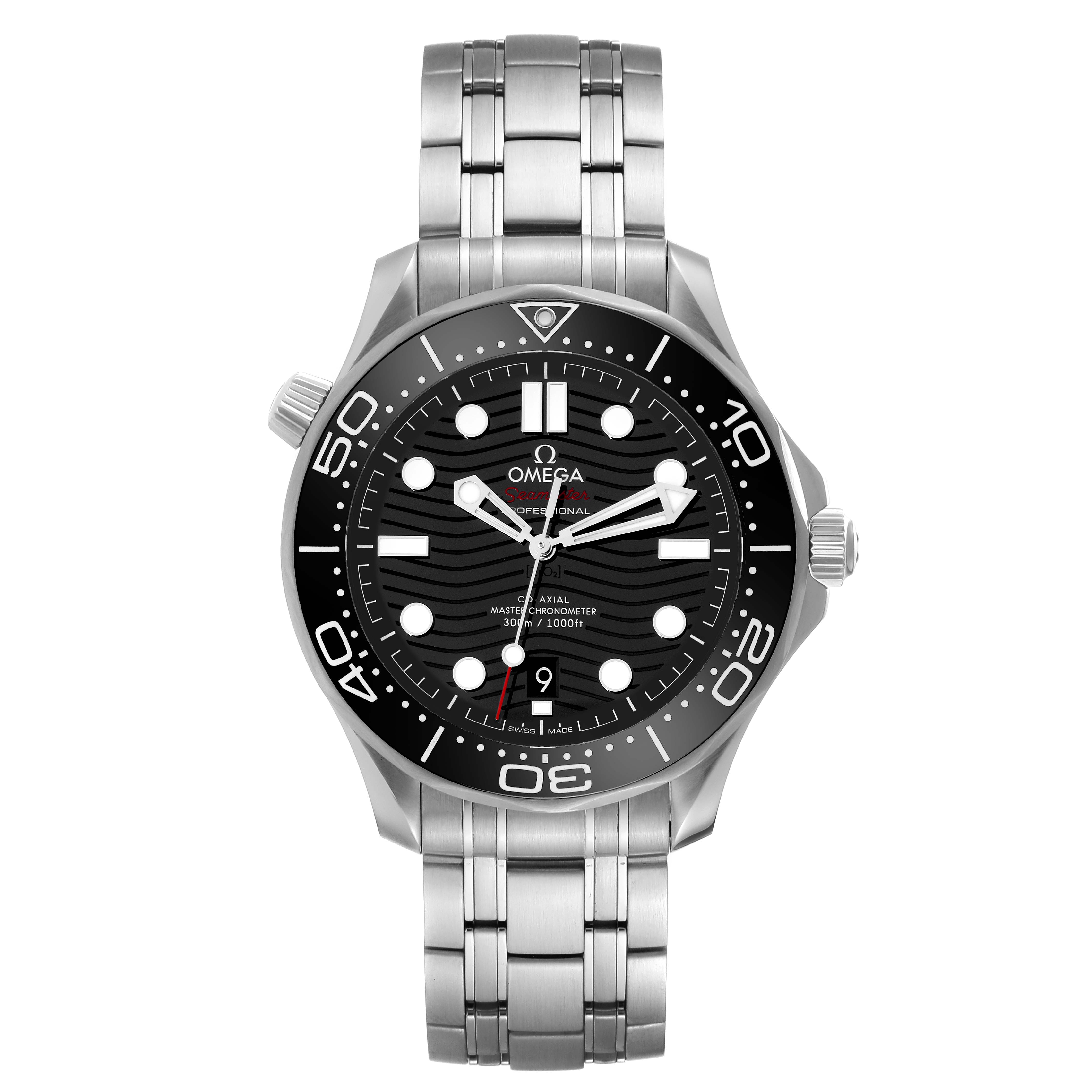 This image shows a frontal view of the Omega Seamaster 210.30.42.20.01.001 Men
s Stainless Steel Black Dial 210.30.42.20.01.001 Men
s Stainless Steel Black Dial watch displaying its dial, bezel, and bracelet.