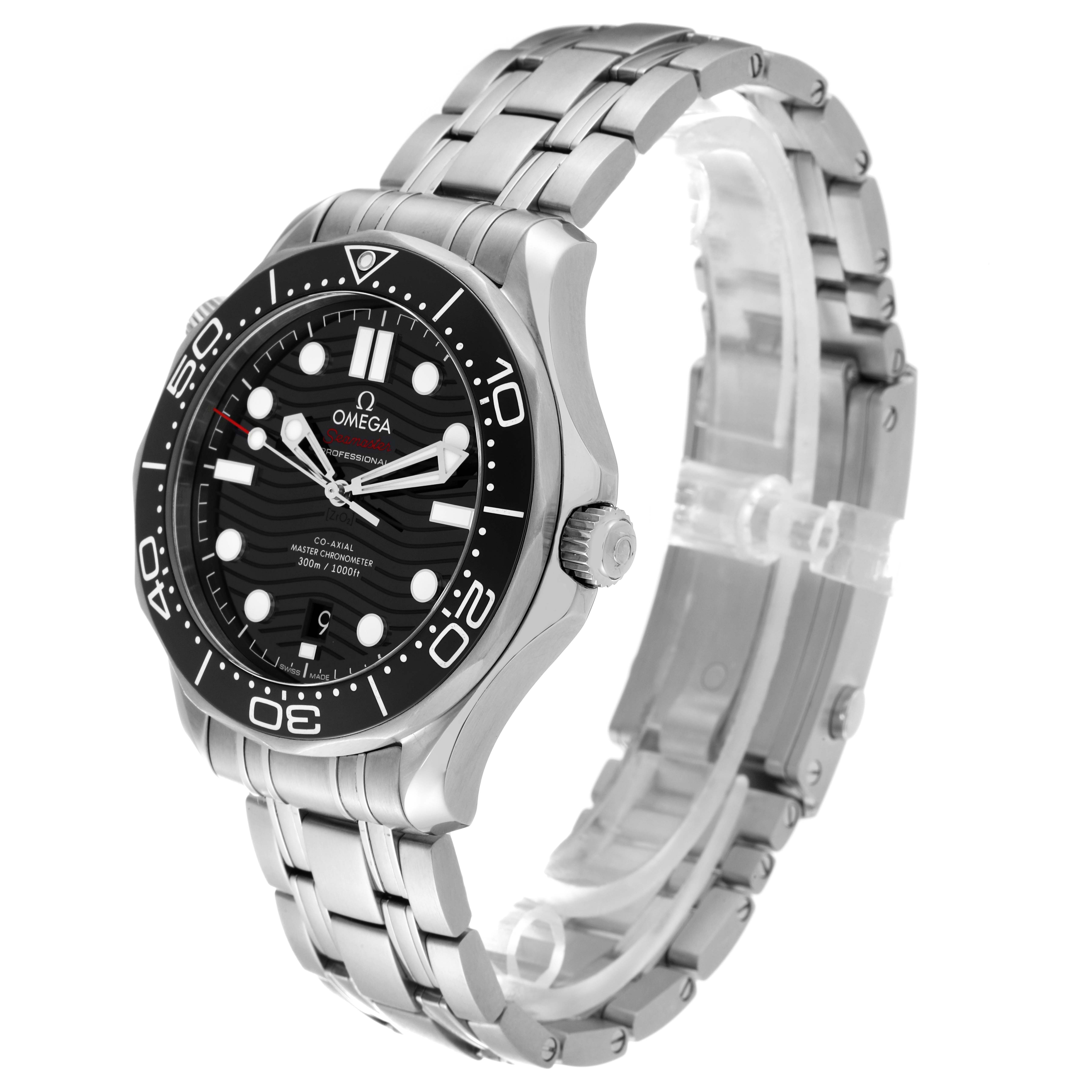 The image shows an angled side view of an Omega Seamaster 210.30.42.20.01.001 Men
s Stainless Steel Black Dial 210.30.42.20.01.001 Men
s Stainless Steel Black Dial watch, highlighting the face, bezel, crown, and metal bracelet.