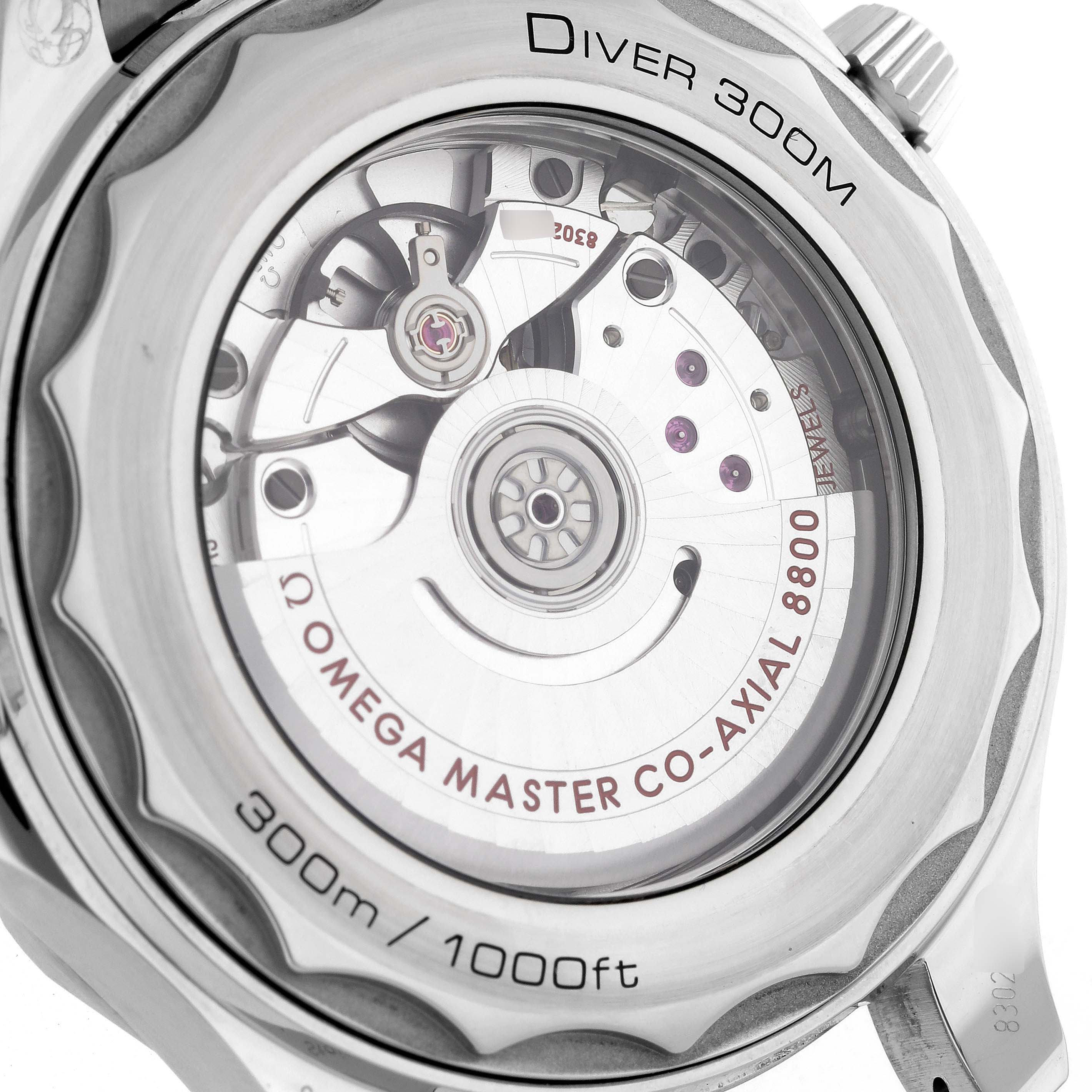 The image shows the caseback and internal mechanism of the Omega Seamaster 210.30.42.20.01.001 Men
s Stainless Steel Black Dial 210.30.42.20.01.001 Men
s Stainless Steel Black Dial Diver 300M watch.