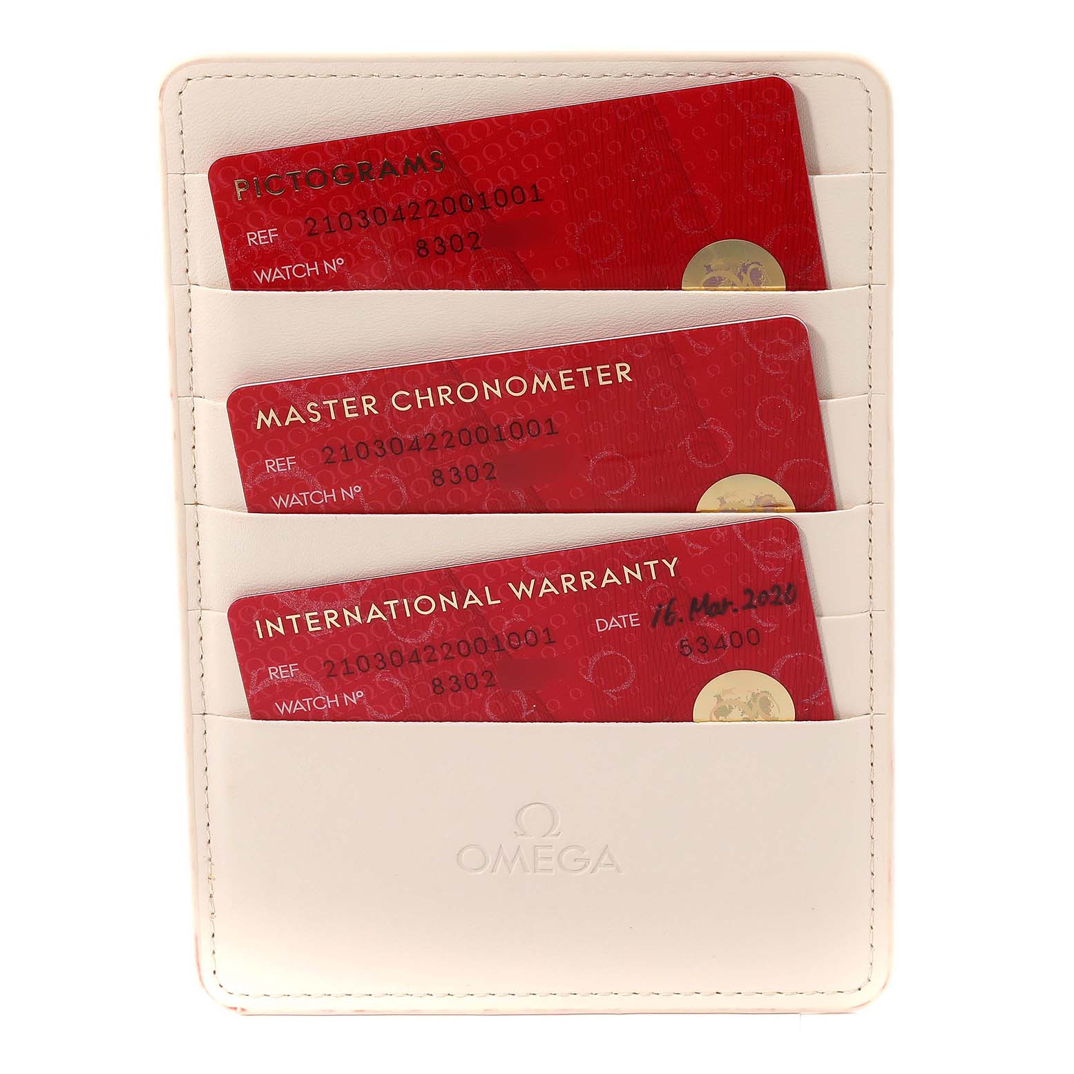 The image shows warranty and certification cards for an Omega Seamaster 210.30.42.20.01.001 Men
s Stainless Steel Black Dial 210.30.42.20.01.001 Men
s Stainless Steel Black Dial watch in a white card holder.