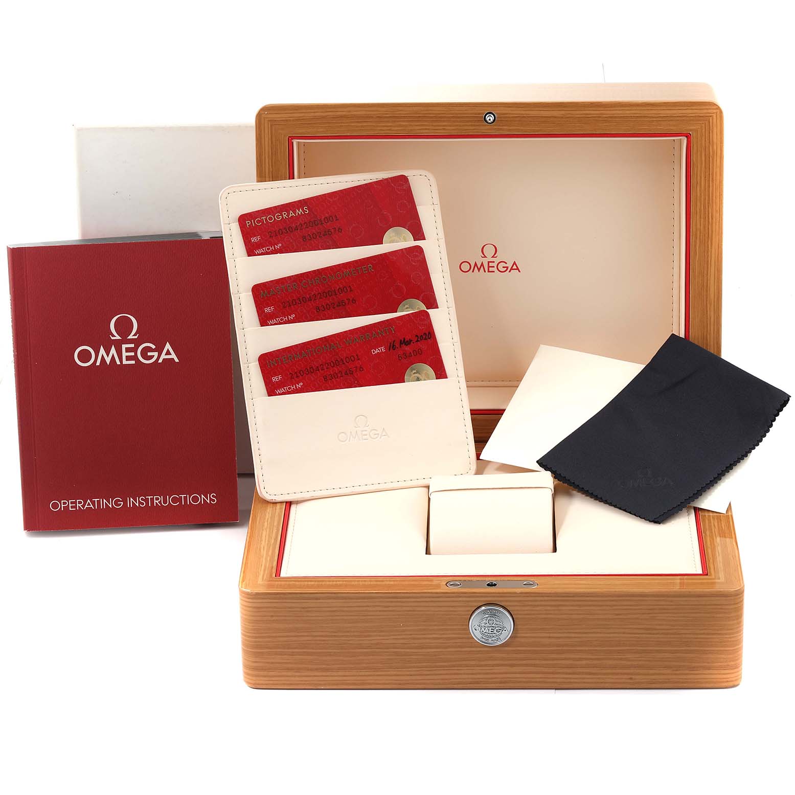 The image shows an Omega Seamaster 210.30.42.20.01.001 Men
s Stainless Steel Black Dial 210.30.42.20.01.001 Men
s Stainless Steel Black Dial accessory set including a box, operating instructions, warranty cards, and a cleaning cloth.
