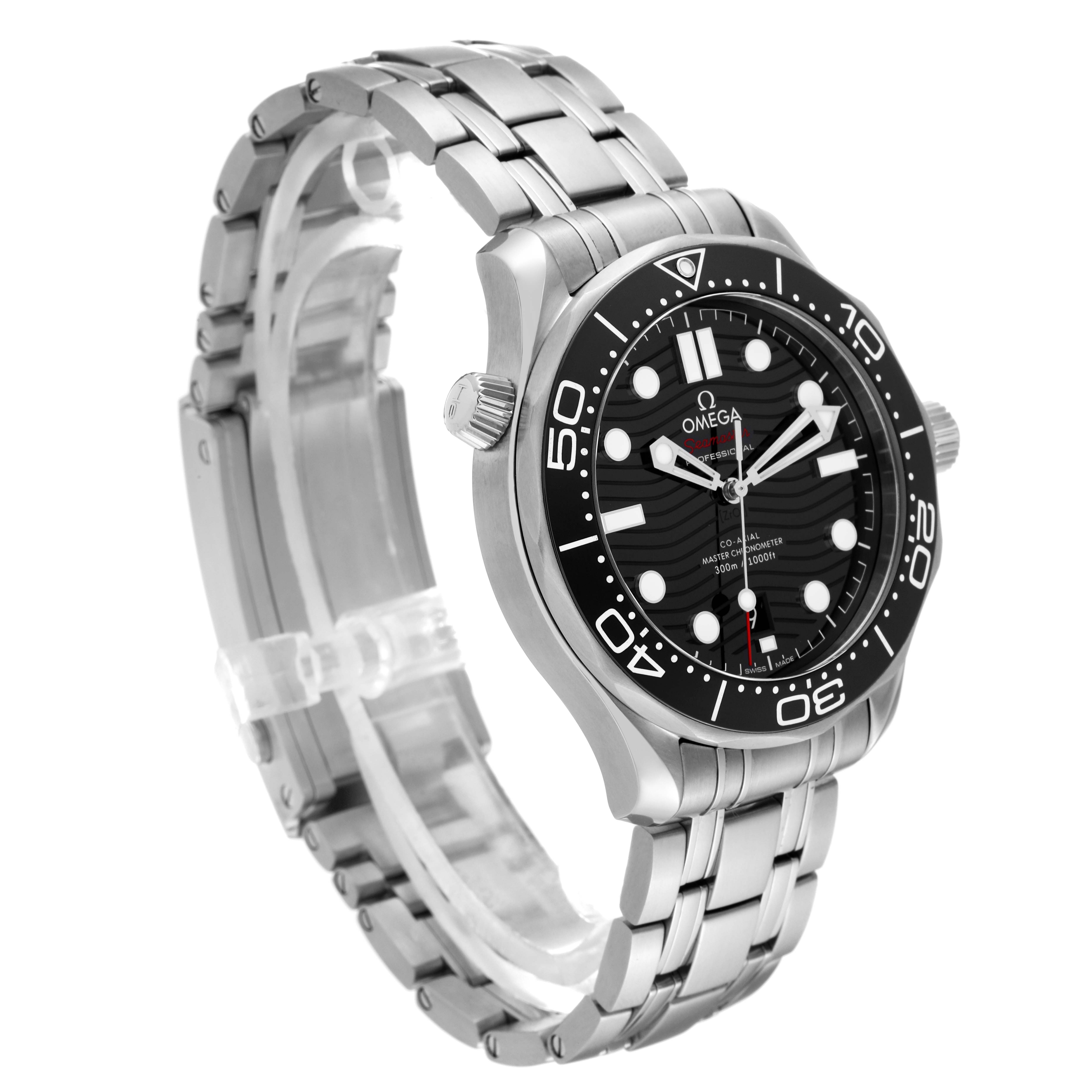 This image shows the Omega Seamaster 210.30.42.20.01.001 Men
s Stainless Steel Black Dial 210.30.42.20.01.001 Men
s Stainless Steel Black Dial watch from a three-quarter angle, highlighting the dial, bezel, and stainless steel bracelet.