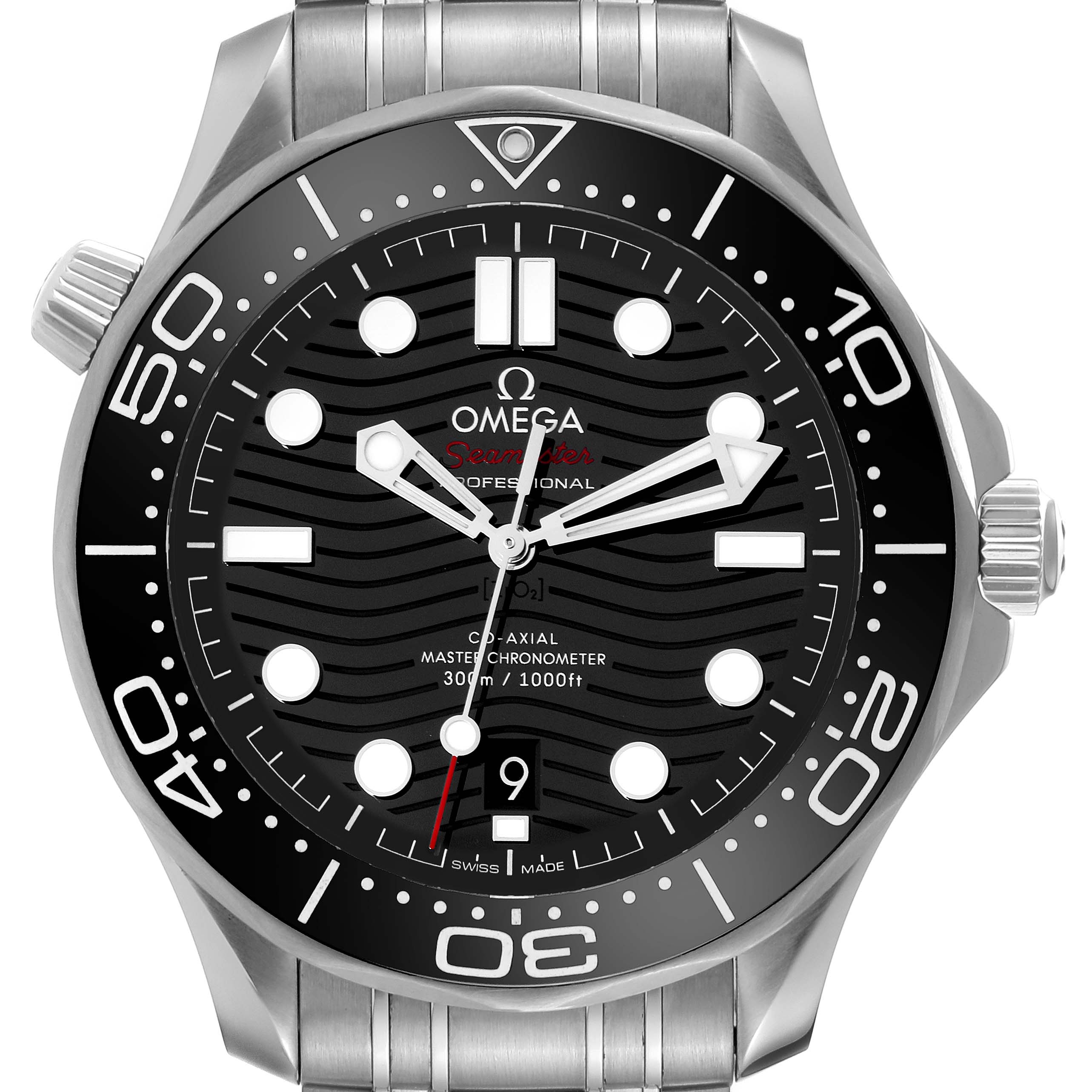 The image shows a front view of the Omega Seamaster 210.30.42.20.01.001 Men
s Stainless Steel Black Dial 210.30.42.20.01.001 Men
s Stainless Steel Black Dial watch, highlighting the dial, bezel, and crown.
