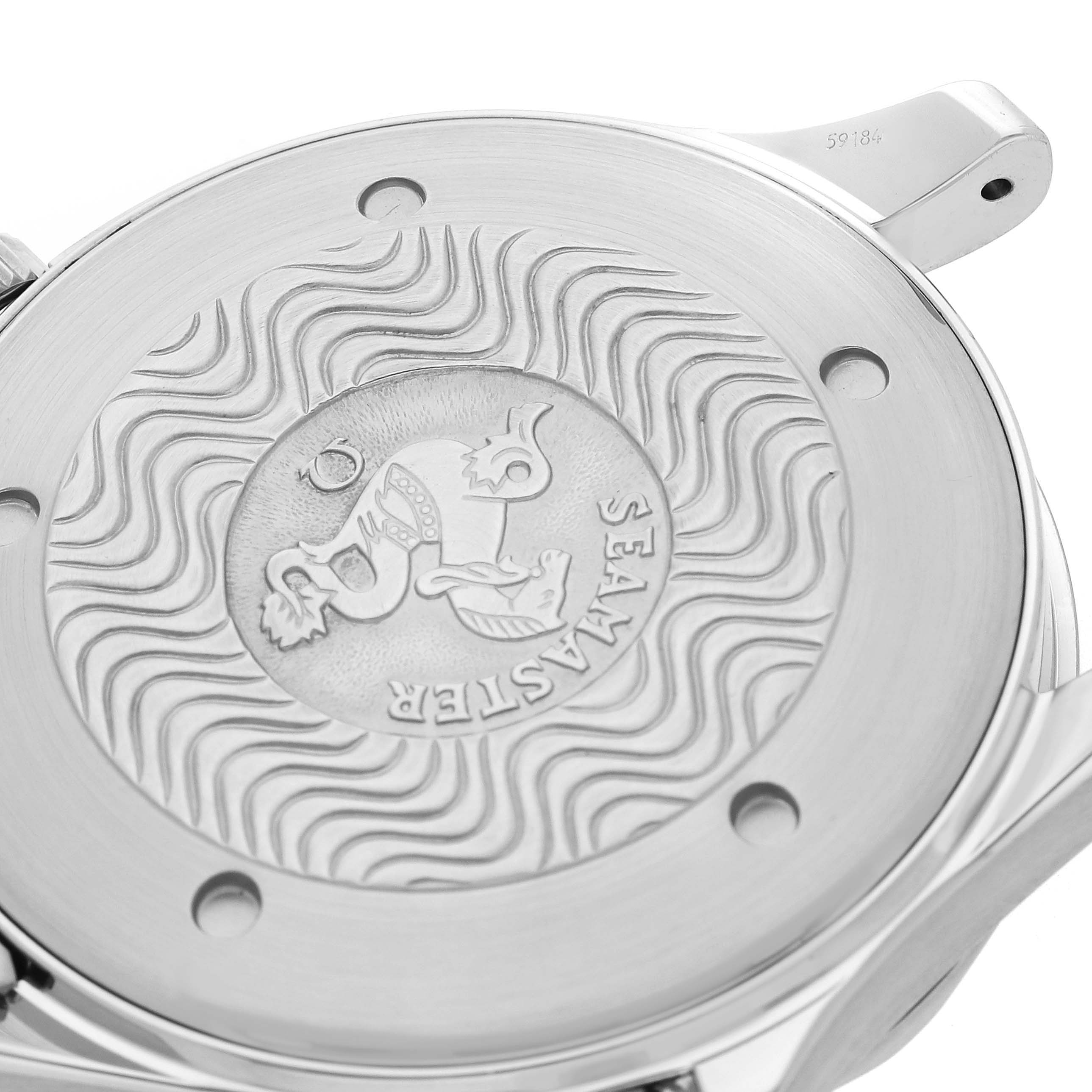 The image shows the back case of an Omega Seamaster 2265.80.00 Men's Stainless Steel Blue Dial 2265.80.00 Men's Stainless Steel Blue Dial, featuring its engraved logo design.