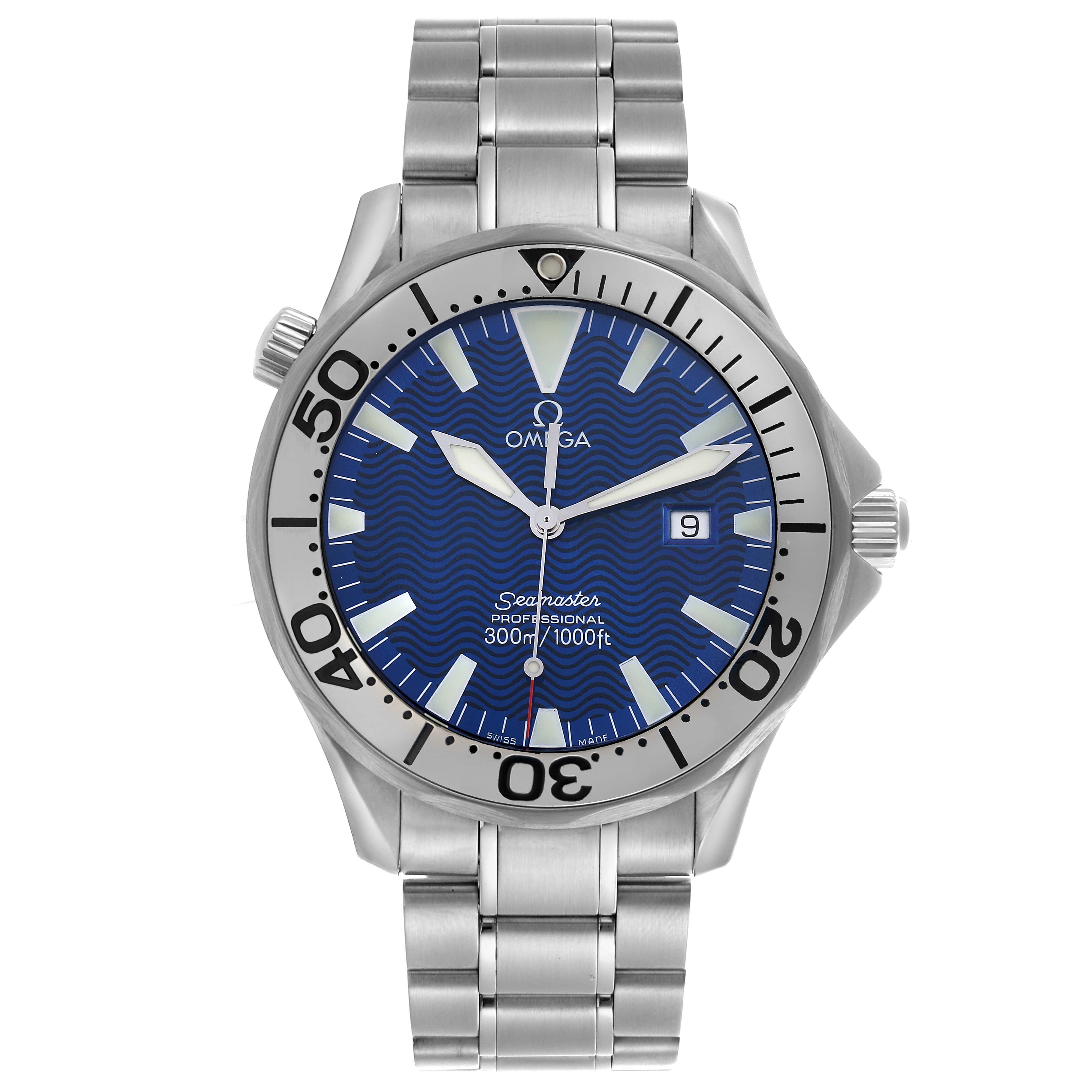 The Omega Seamaster 2265.80.00 Men's Stainless Steel Blue Dial 2265.80.00 Men's Stainless Steel Blue Dial watch is shown from a front angle, highlighting the dial, bezel, and stainless steel bracelet.