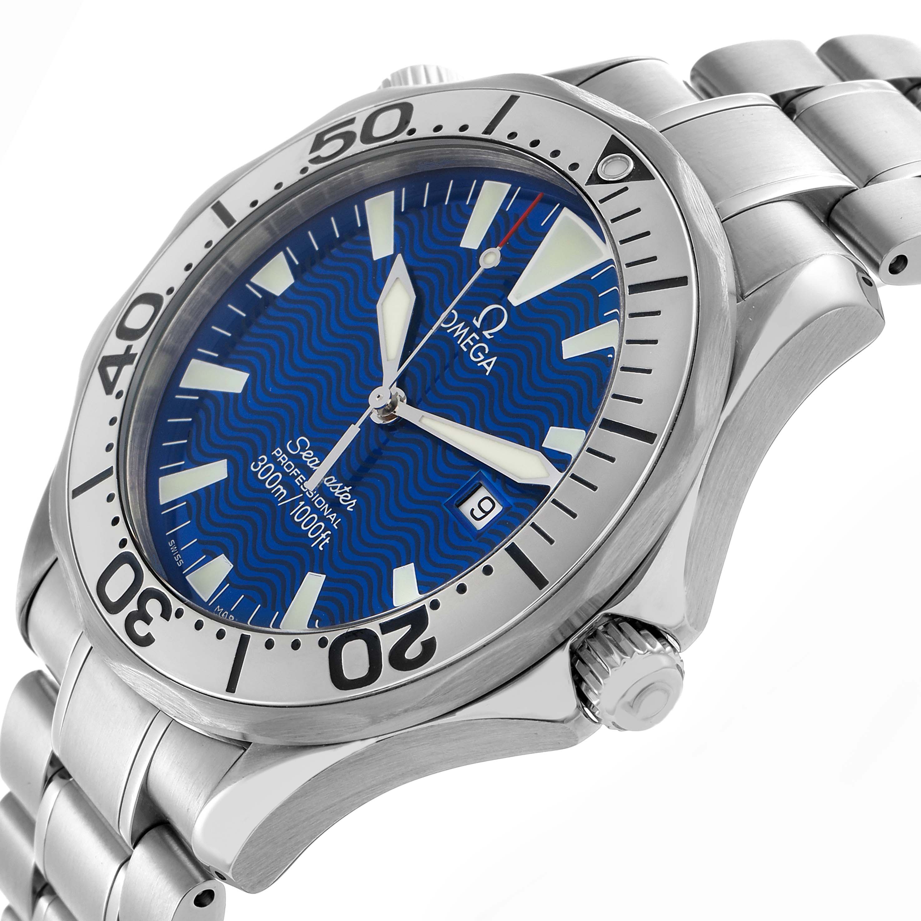 The Omega Seamaster 2265.80.00 Men's Stainless Steel Blue Dial 2265.80.00 Men's Stainless Steel Blue Dial watch is shown at an angle displaying the blue dial, bezel, crown, and part of the bracelet.