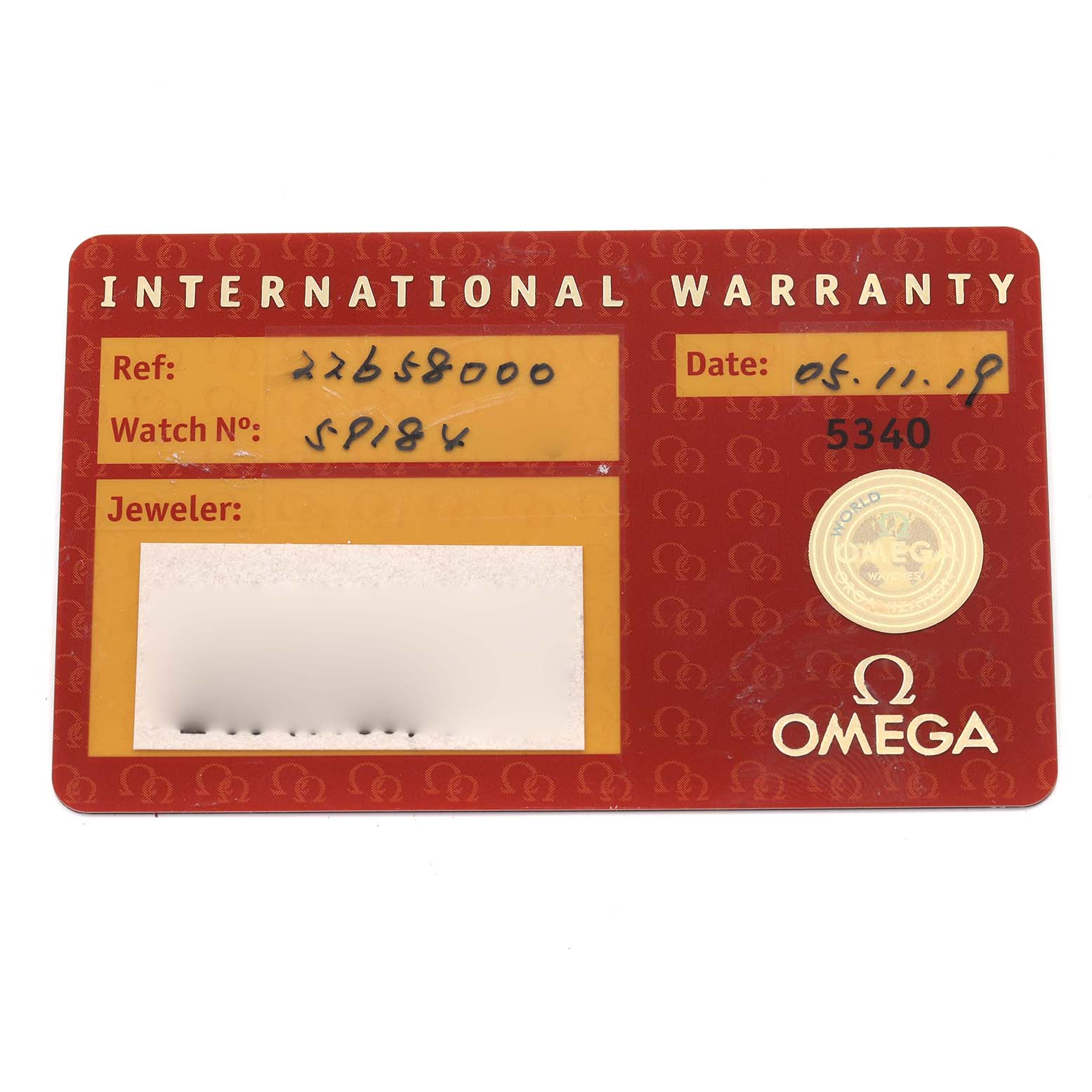 The image shows an Omega Seamaster 2265.80.00 Men's Stainless Steel Blue Dial 2265.80.00 Men's Stainless Steel Blue Dial International Warranty card with reference numbers and date.