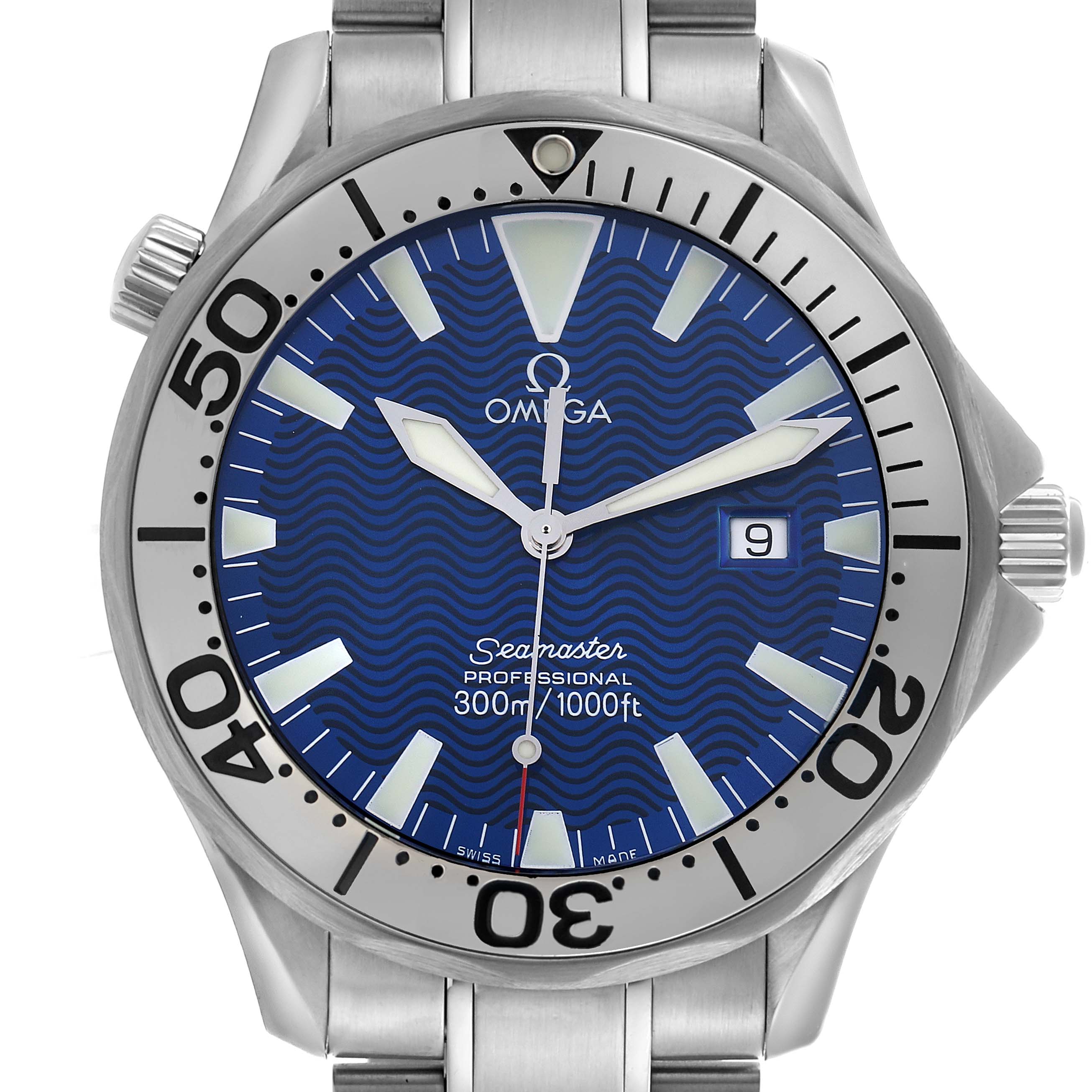 The Omega Seamaster 2265.80.00 Men's Stainless Steel Blue Dial 2265.80.00 Men's Stainless Steel Blue Dial watch is shown from a front angle, highlighting the blue dial, bezel, and stainless steel bracelet.