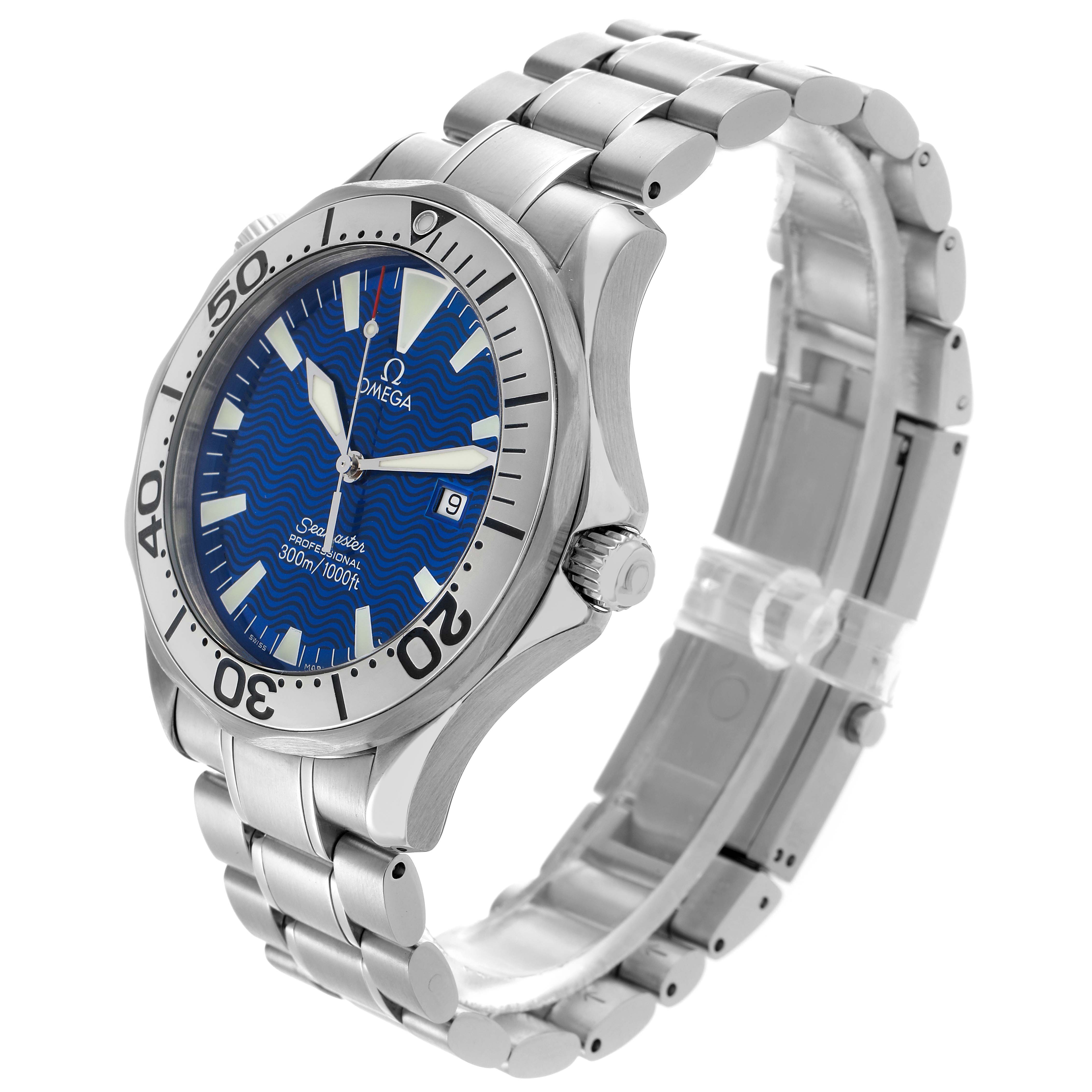 The Omega Seamaster 2265.80.00 Men's Stainless Steel Blue Dial 2265.80.00 Men's Stainless Steel Blue Dial watch is shown from a three-quarter view, highlighting the blue dial, bezel, case, and bracelet.