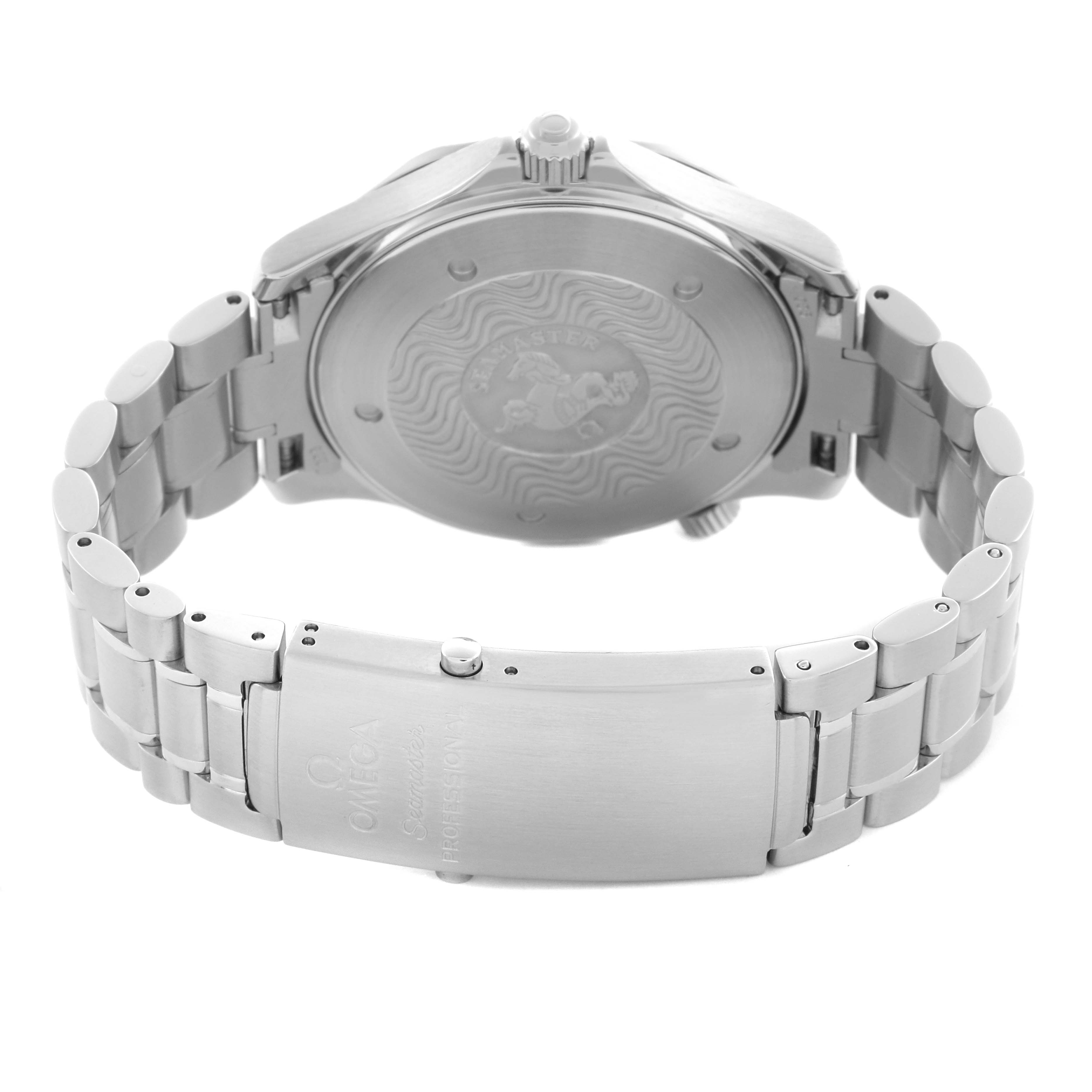 The image shows the Omega Seamaster 2265.80.00 Men's Stainless Steel Blue Dial 2265.80.00 Men's Stainless Steel Blue Dial watch from the back, highlighting the case back, bracelet, and clasp.