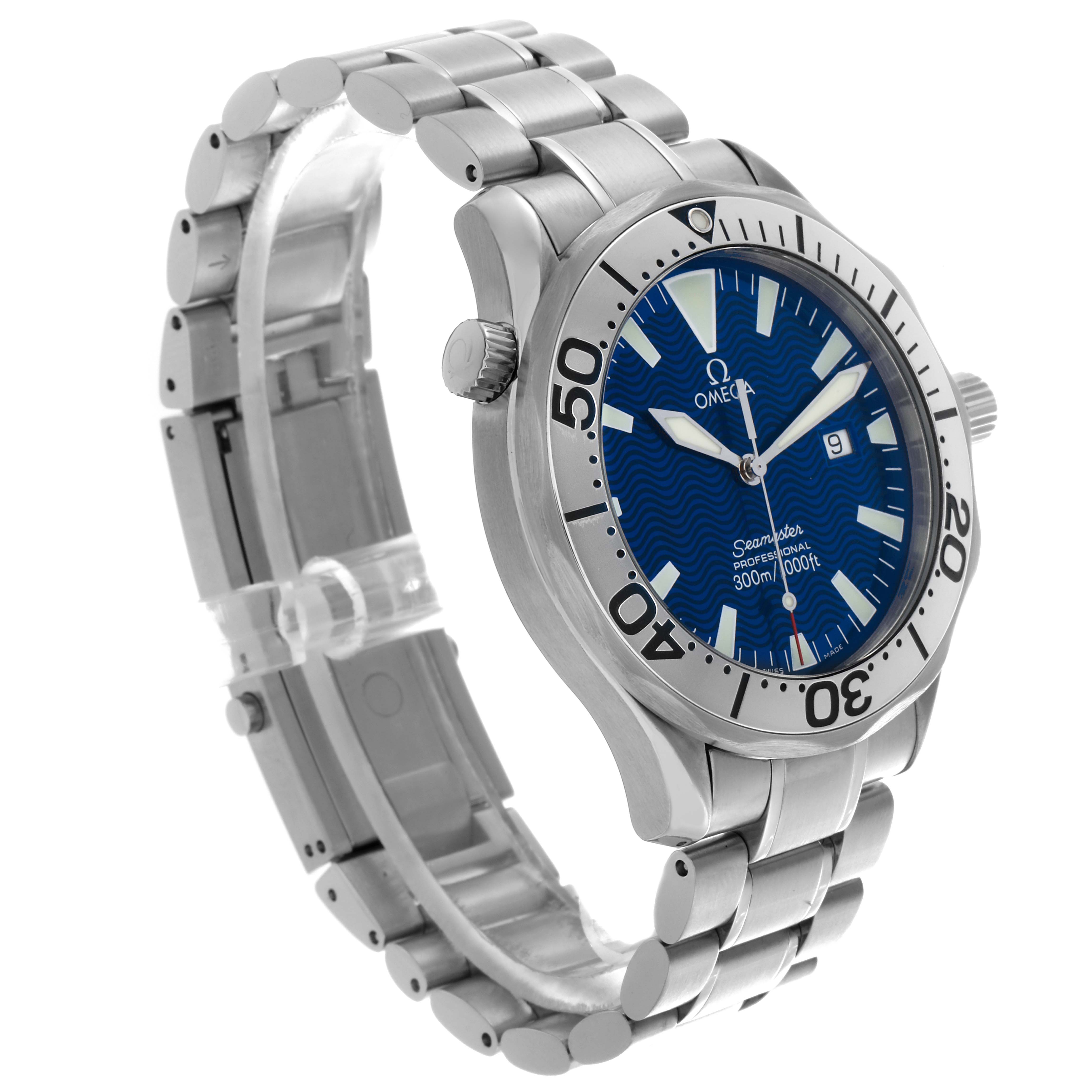 The Omega Seamaster 2265.80.00 Men's Stainless Steel Blue Dial 2265.80.00 Men's Stainless Steel Blue Dial watch is shown at a slight angle, highlighting its blue dial, bezel, crown, and stainless steel bracelet.