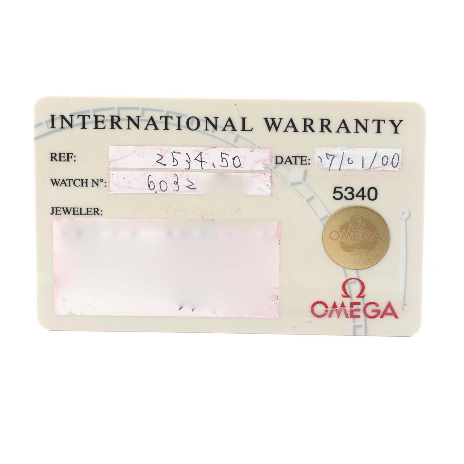 The image shows an Omega Seamaster 2534.50.00 Men
s Stainless Steel Black Dial 2534.50.00 Men
s Stainless Steel Black Dial International Warranty card, displaying reference number, date, watch number, jeweler, and the Omega logo.