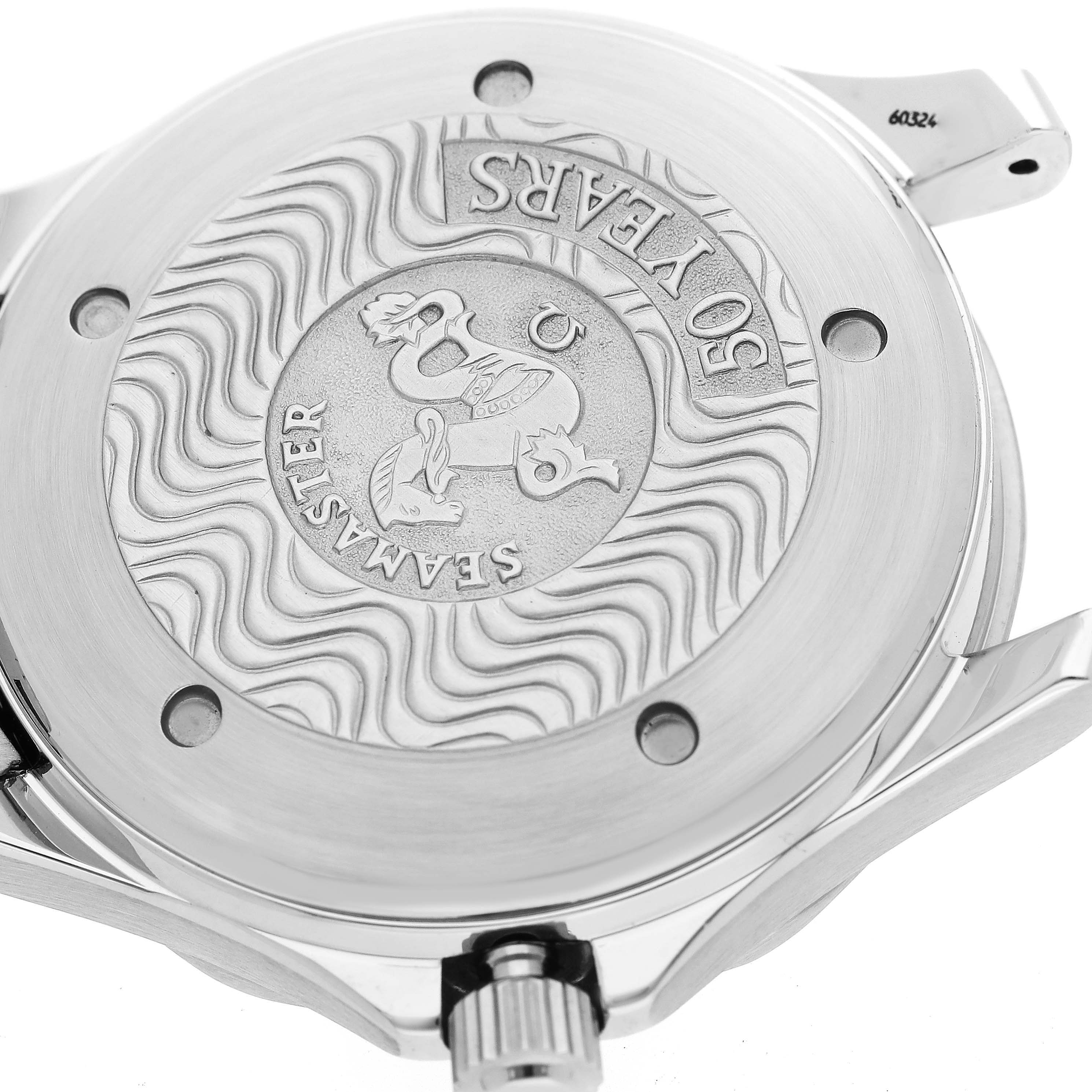 This image shows the back case of the Omega Seamaster 2534.50.00 Men
s Stainless Steel Black Dial 2534.50.00 Men
s Stainless Steel Black Dial watch with engraved detailing.