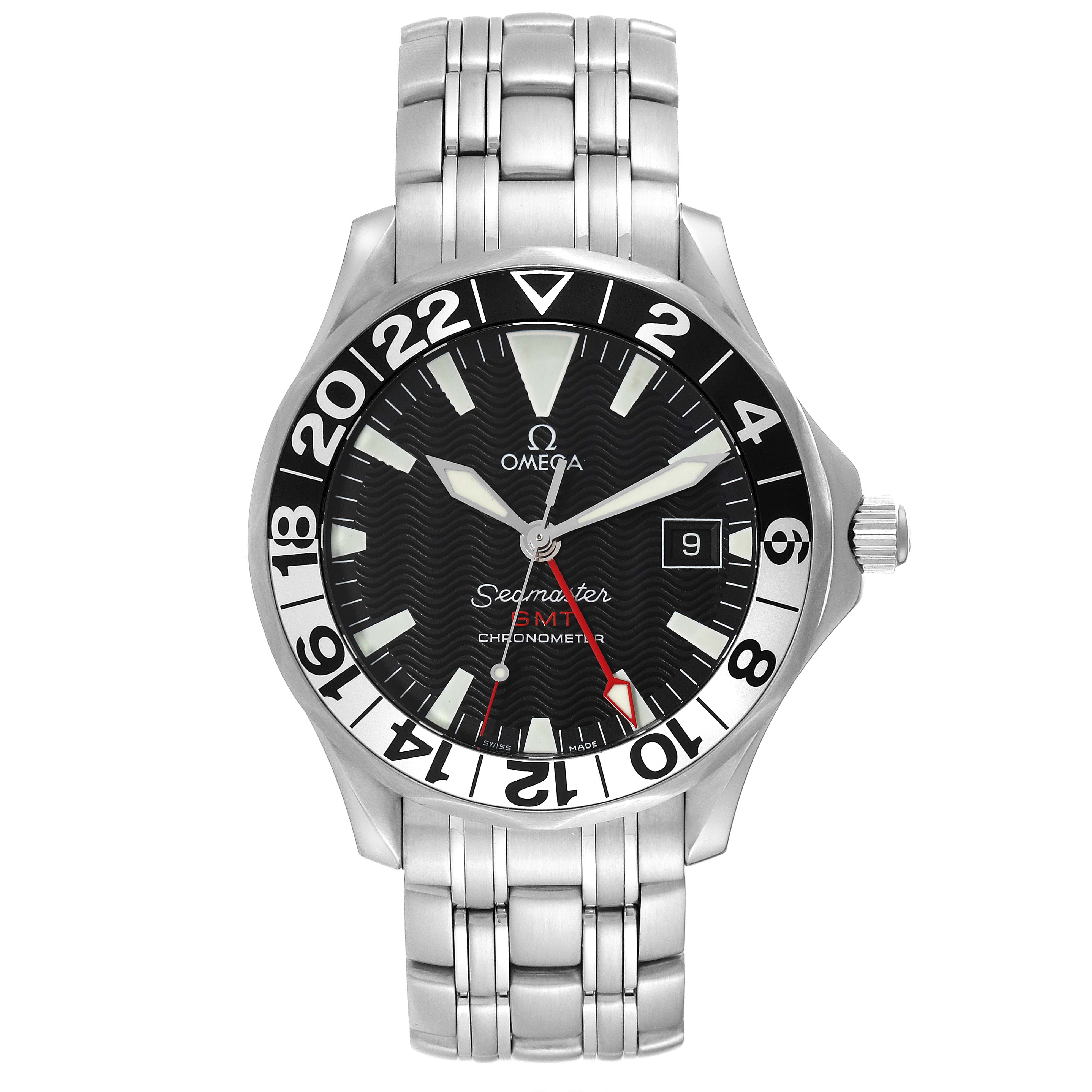 The image shows a front view of an Omega Seamaster 2534.50.00 Men
s Stainless Steel Black Dial 2534.50.00 Men
s Stainless Steel Black Dial GMT watch with a stainless steel bracelet and a black dial.