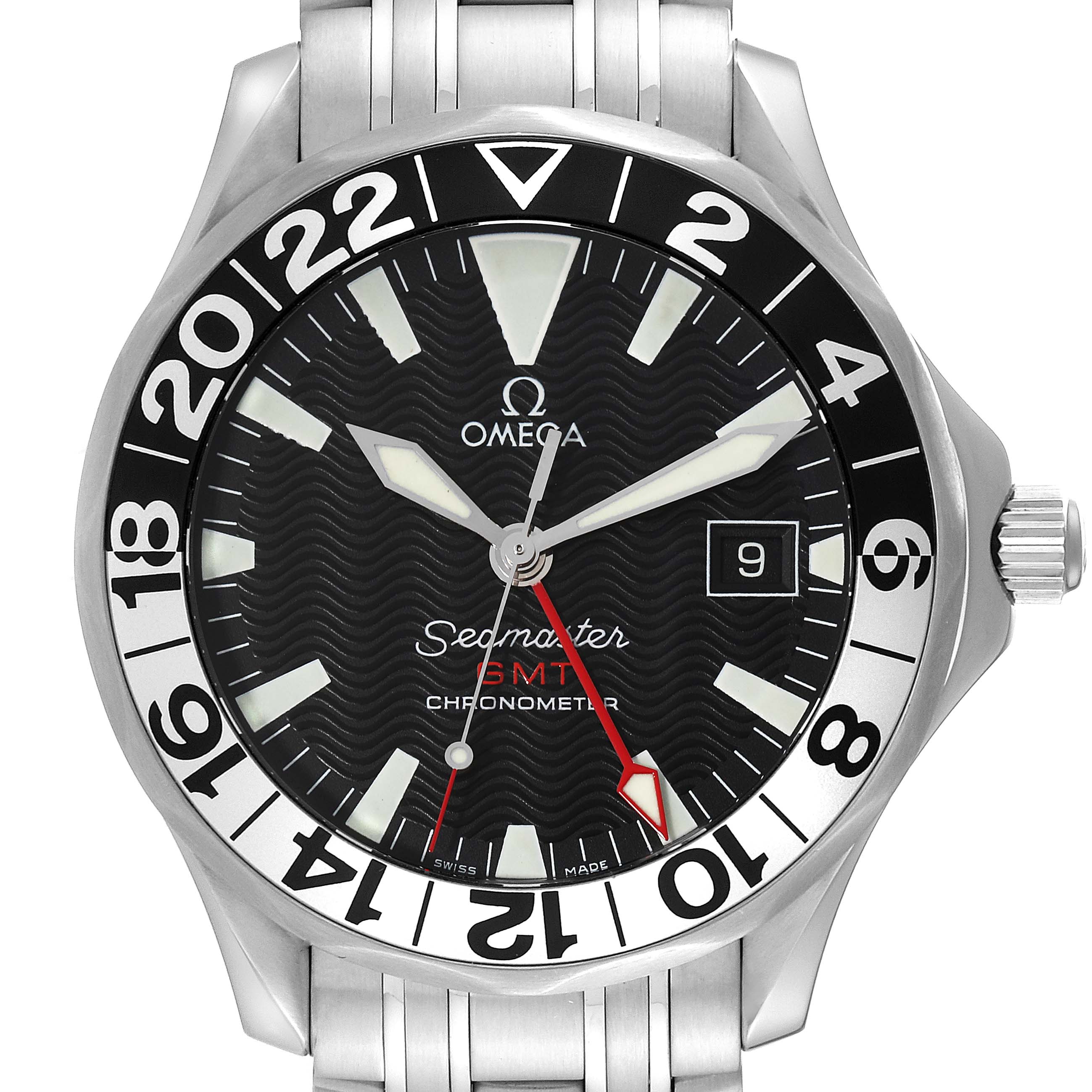 This image shows a front view of the Omega Seamaster 2534.50.00 Men
s Stainless Steel Black Dial 2534.50.00 Men
s Stainless Steel Black Dial GMT watch, highlighting its face, bezel, and part of the stainless steel bracelet.