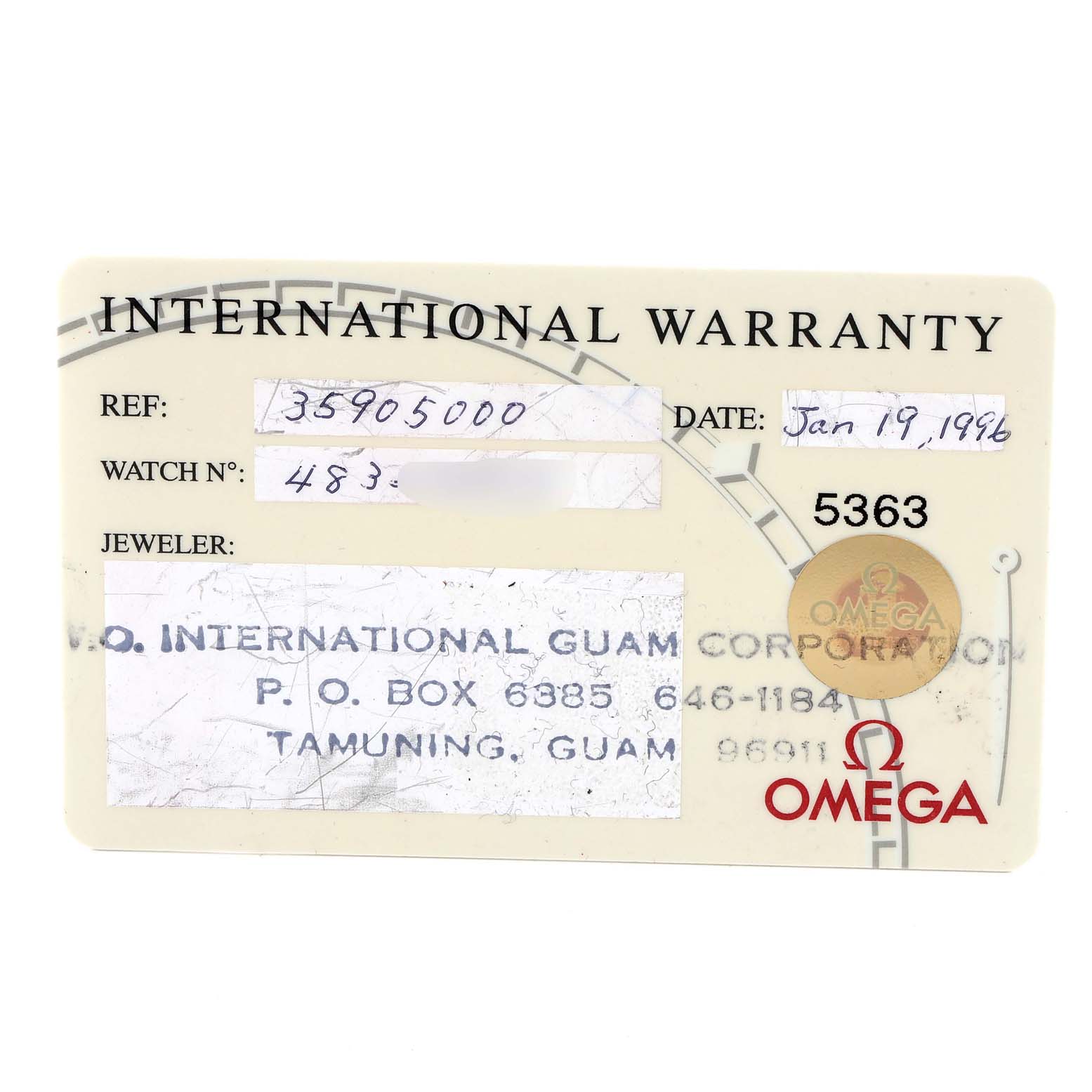This image shows the international warranty card for the Omega Speedmaster 3590.50.00 Men's Stainless Steel Black Dial 3590.50.00 Men's Stainless Steel Black Dial watch, displaying information like the reference number, date, and jeweler.