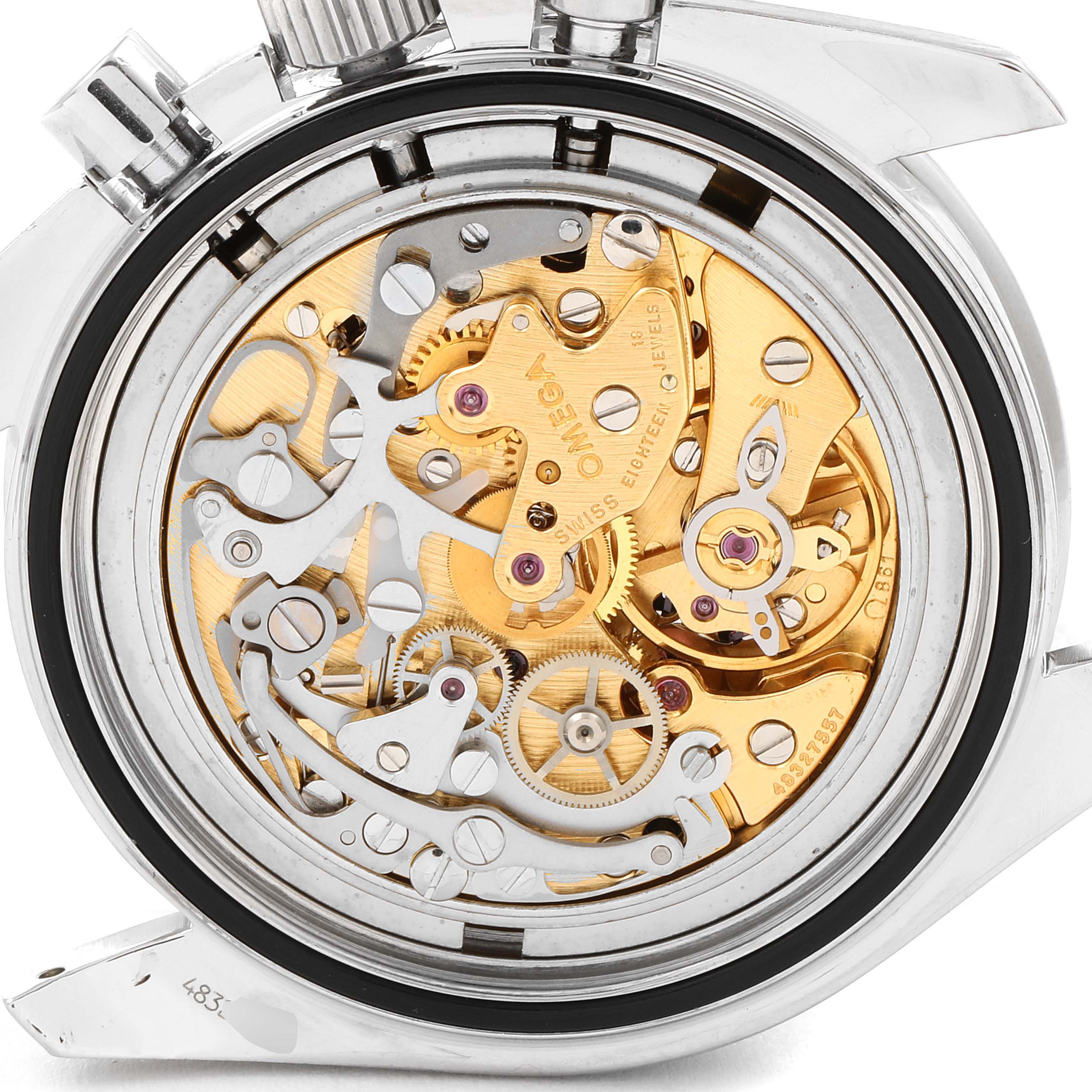 The image shows the movement and inner mechanism of an Omega Speedmaster 3590.50.00 Men's Stainless Steel Black Dial 3590.50.00 Men's Stainless Steel Black Dial watch from a back case angle.