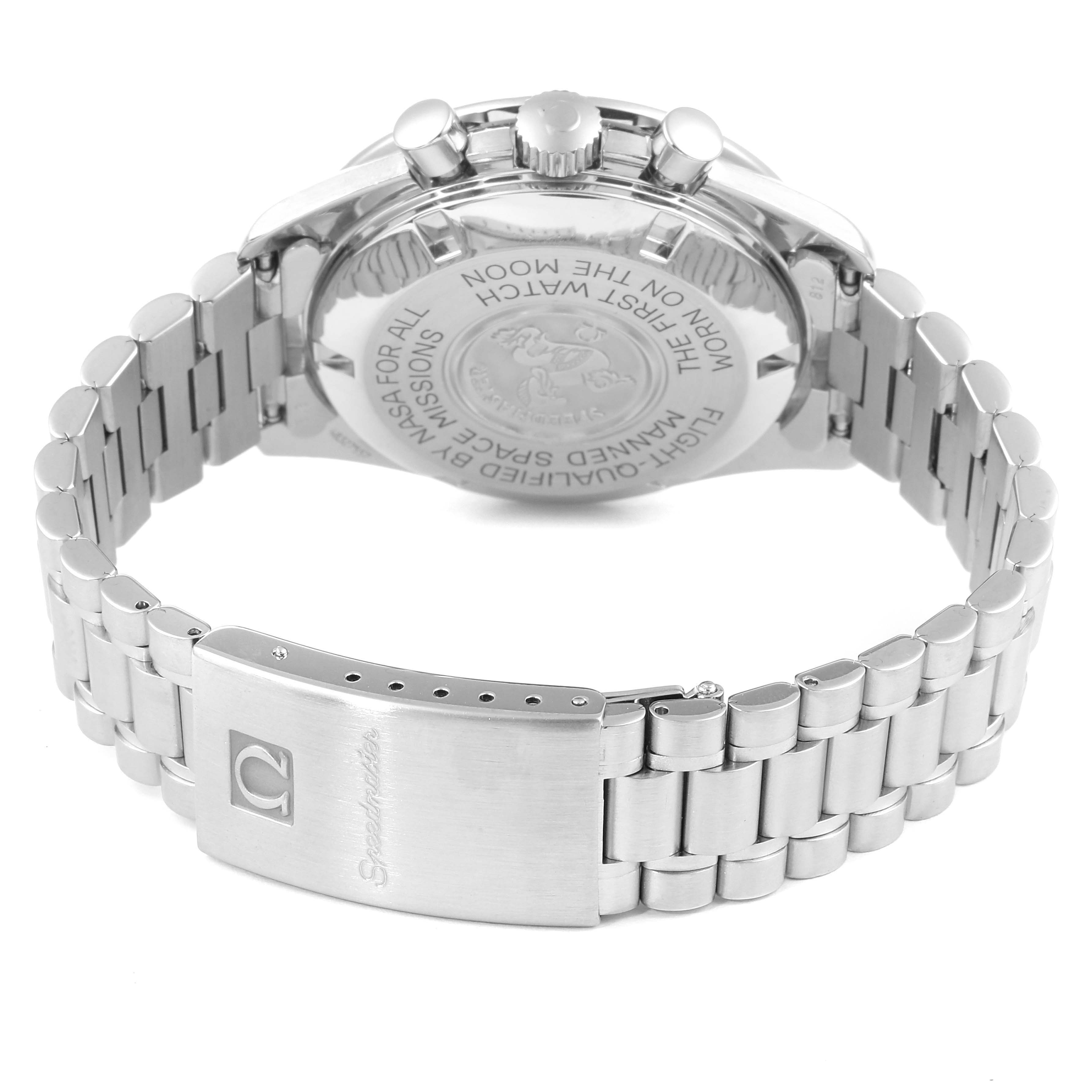 The image shows the back view of an Omega Speedmaster 3590.50.00 Men's Stainless Steel Black Dial 3590.50.00 Men's Stainless Steel Black Dial watch, highlighting the case back and metal bracelet with a clasp.