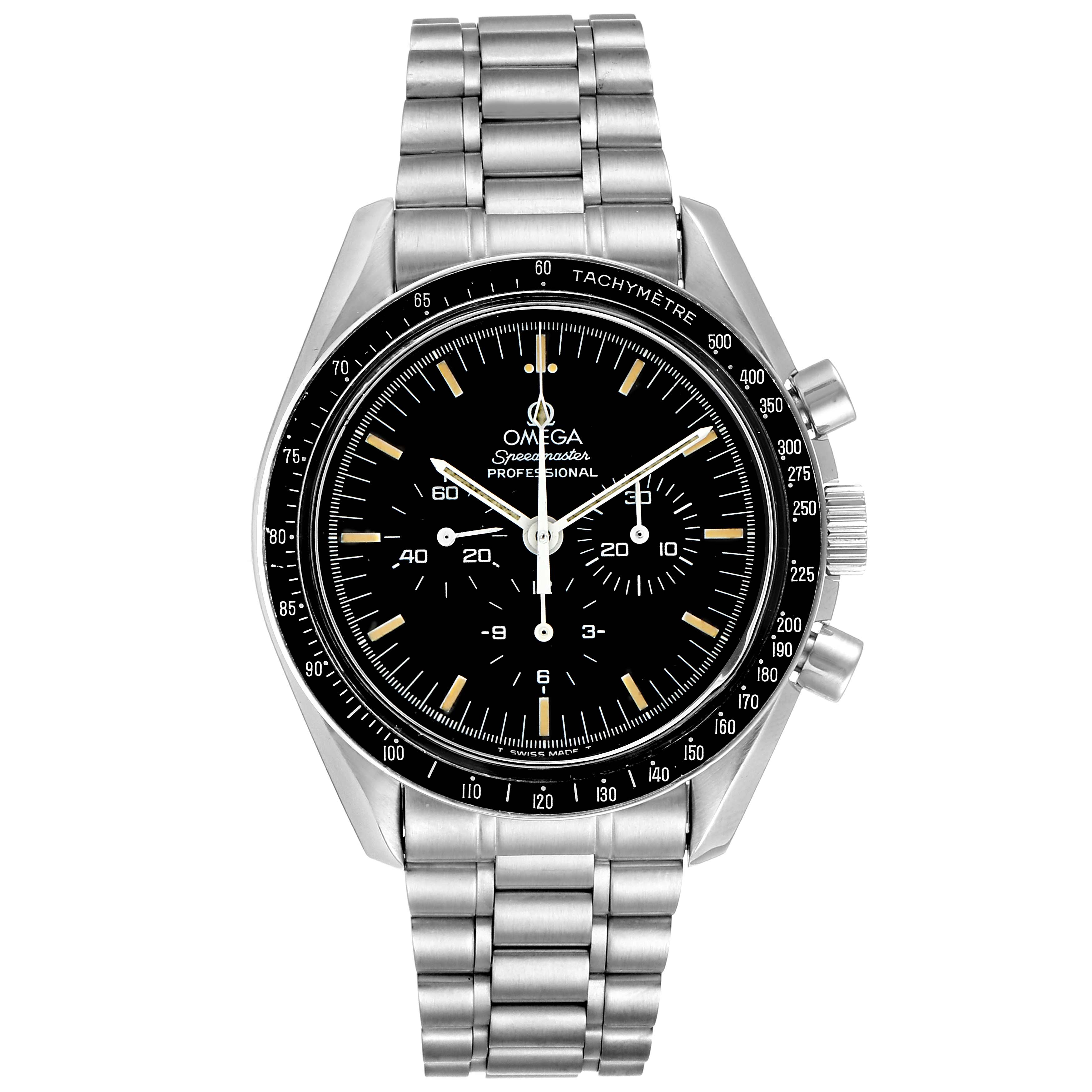 The image shows a frontal view of the Omega Speedmaster 3590.50.00 Men's Stainless Steel Black Dial 3590.50.00 Men's Stainless Steel Black Dial watch, displaying its stainless steel case and bracelet, black dial, and tachymeter bezel.