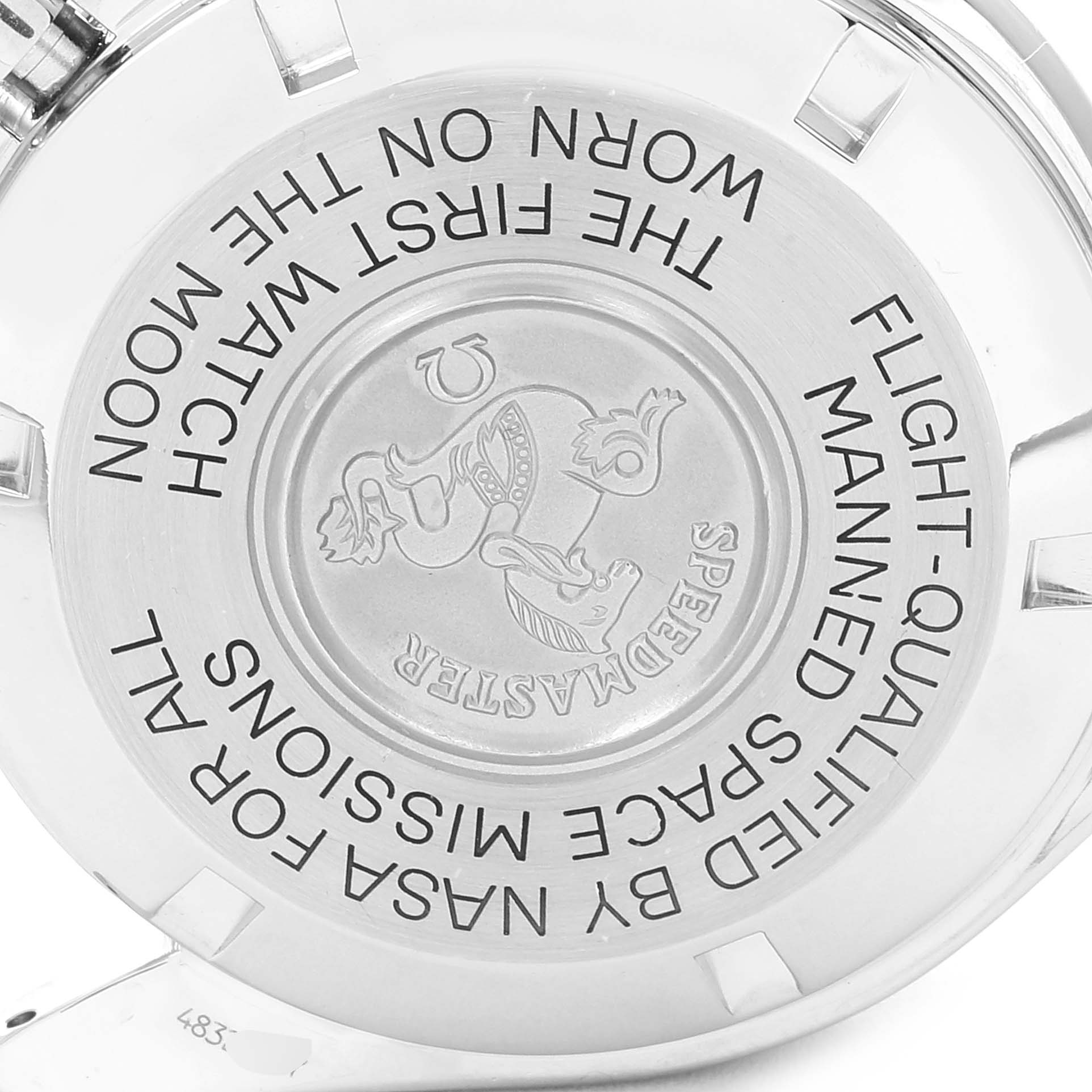 This image shows the back of an Omega Speedmaster 3590.50.00 Men's Stainless Steel Black Dial 3590.50.00 Men's Stainless Steel Black Dial watch, highlighting the engraved text and logo.