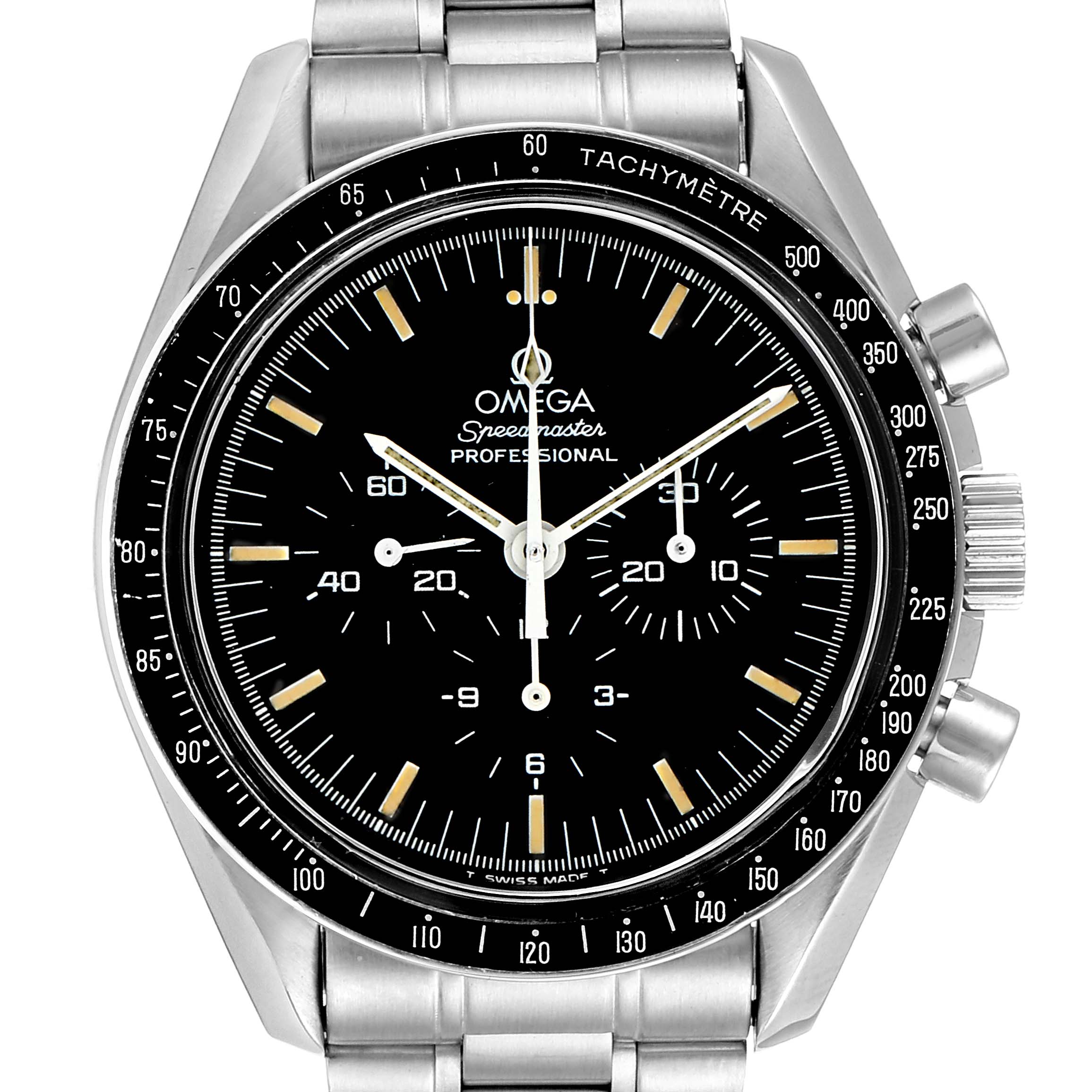 The image shows a frontal view of the Omega Speedmaster 3590.50.00 Men's Stainless Steel Black Dial 3590.50.00 Men's Stainless Steel Black Dial watch, highlighting its black dial, sub-dials, and stainless steel bracelet.