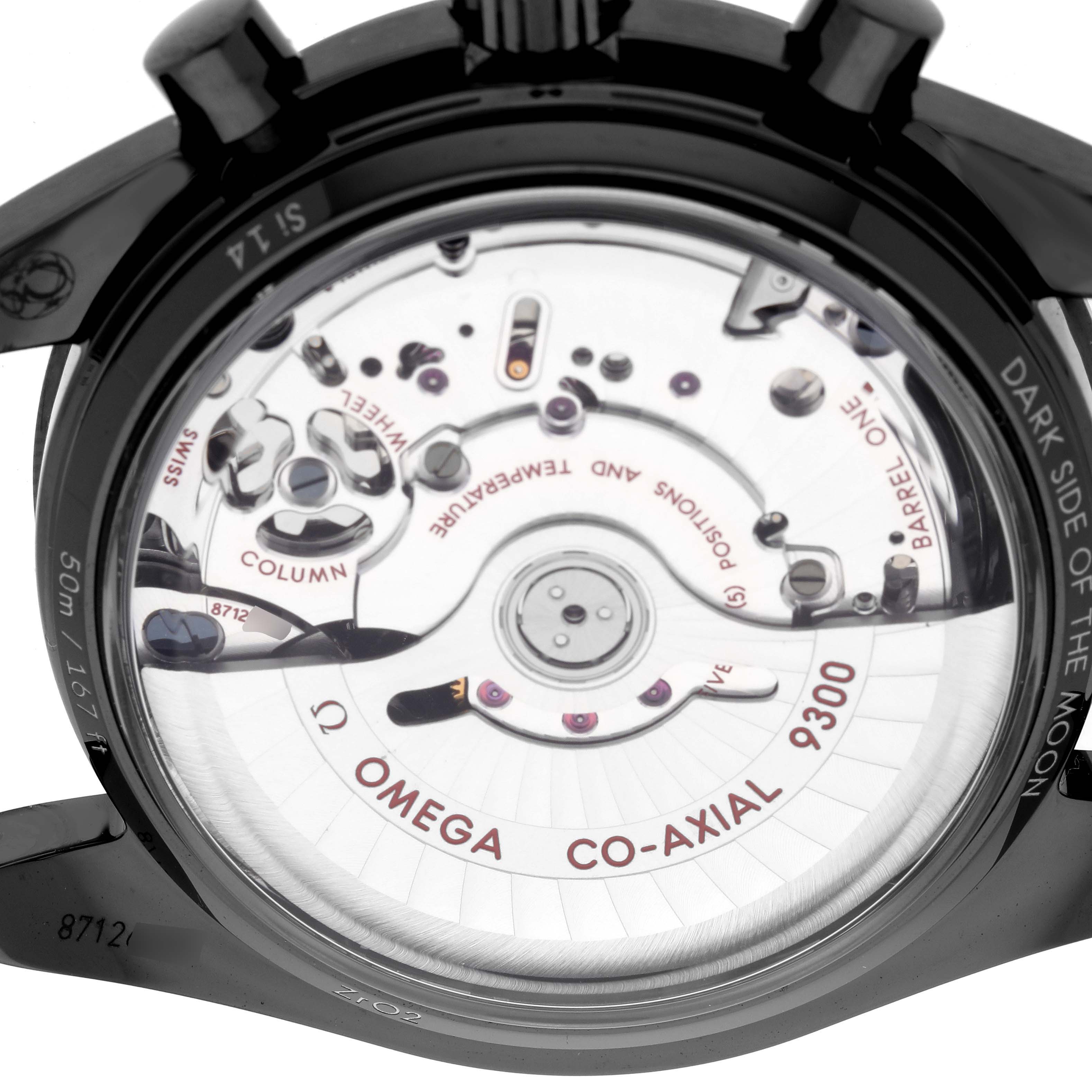 This image shows the back of the Omega Speedmaster 311.92.44.51.01.003 Men's Ceramic Black Dial 311.92.44.51.01.003 Men's Ceramic Black Dial watch highlighting its exposed Co-Axial 9300 mechanism.