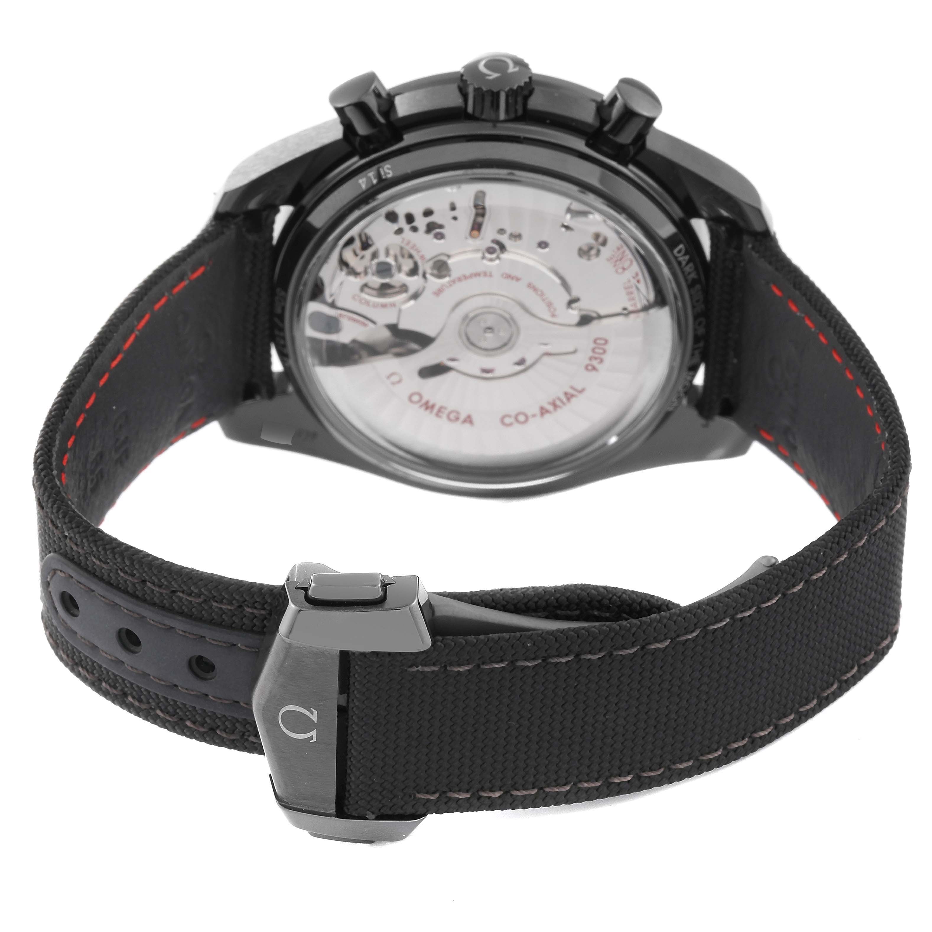 The image shows the back view of an Omega Speedmaster 311.92.44.51.01.003 Men's Ceramic Black Dial 311.92.44.51.01.003 Men's Ceramic Black Dial watch, highlighting the transparent caseback and the movement inside.