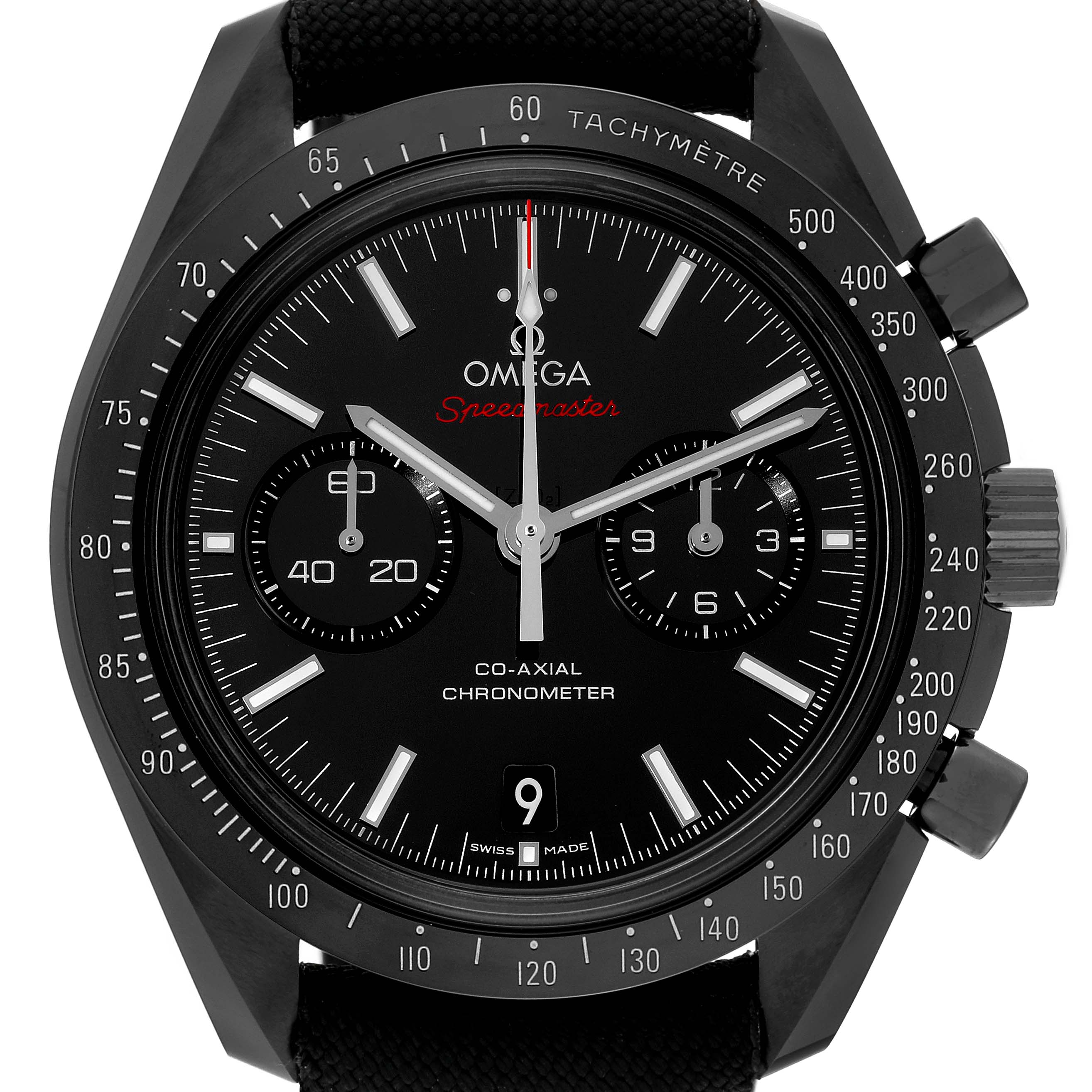 This is a frontal view of the Omega Speedmaster 311.92.44.51.01.003 Men's Ceramic Black Dial 311.92.44.51.01.003 Men's Ceramic Black Dial watch, showing the dial, tachymeter bezel, and chronograph subdials.
