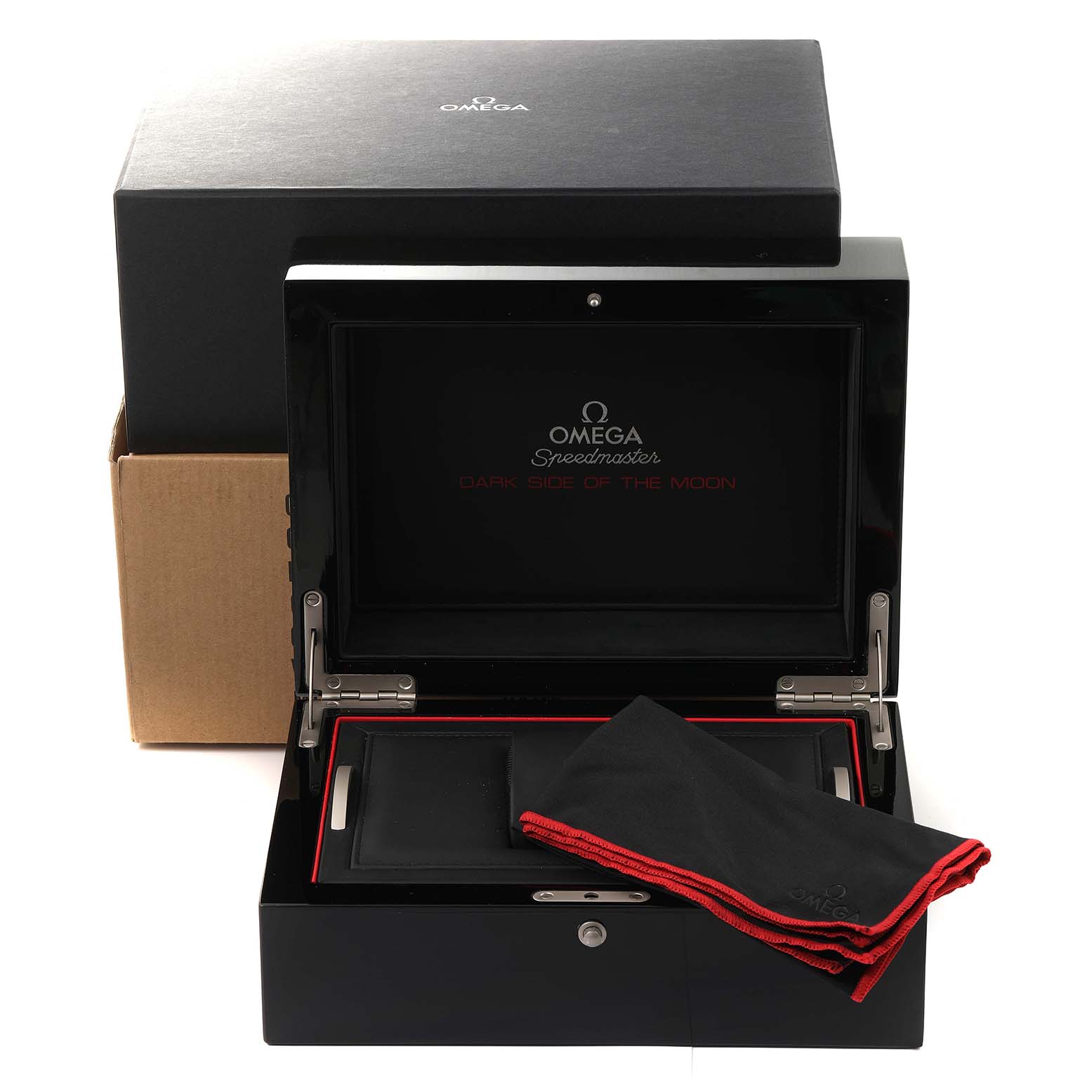 The image shows the opened black showcase and packaging box for the Omega Speedmaster 311.92.44.51.01.003 Men's Ceramic Black Dial 311.92.44.51.01.003 Men's Ceramic Black Dial Dark Side of the Moon watch.