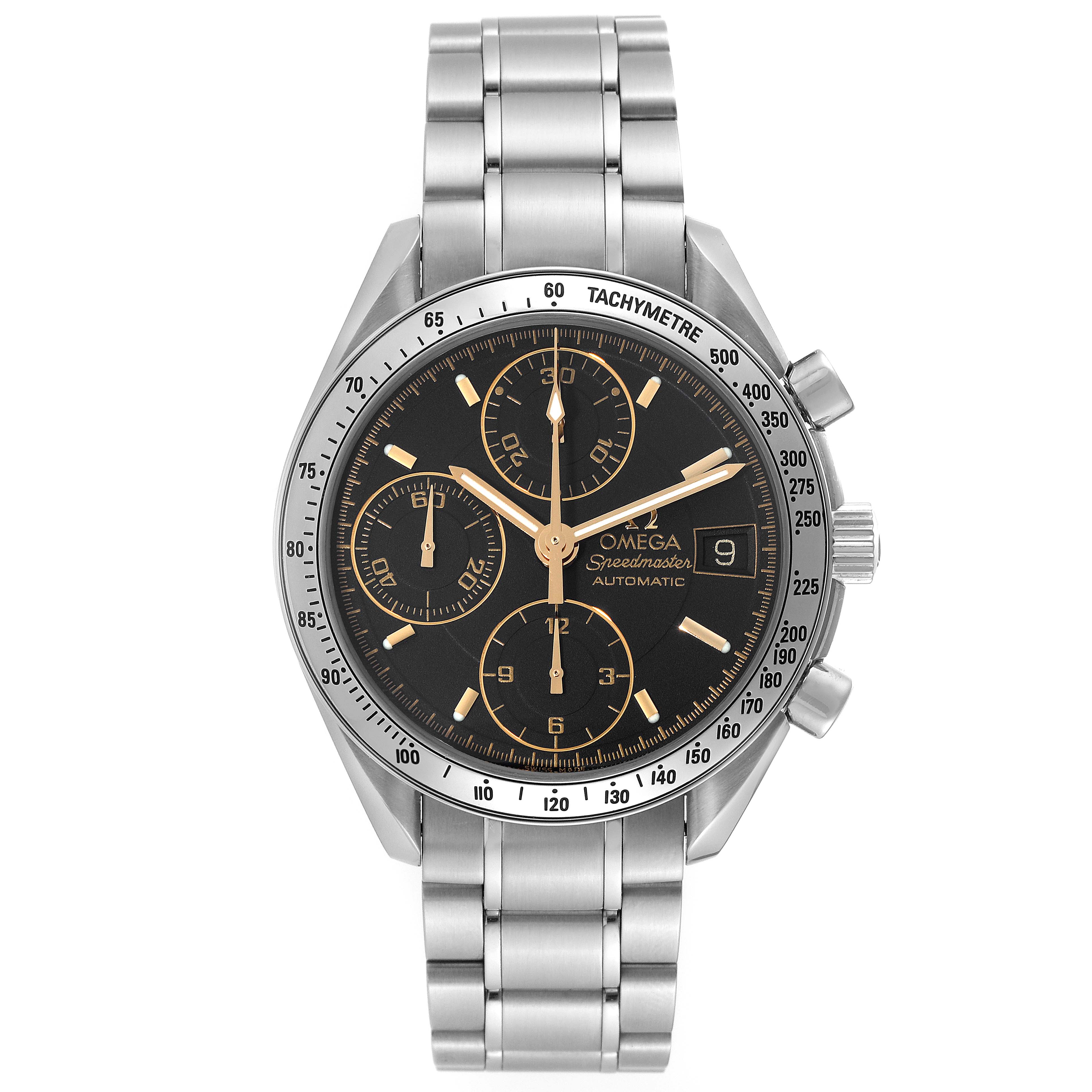 The image shows a frontal view of the Omega Speedmaster 3513.54.00 Men
s Stainless Steel Black Dial 3513.54.00 Men
s Stainless Steel Black Dial watch, highlighting the dial, bezel, crown, and stainless steel bracelet.
