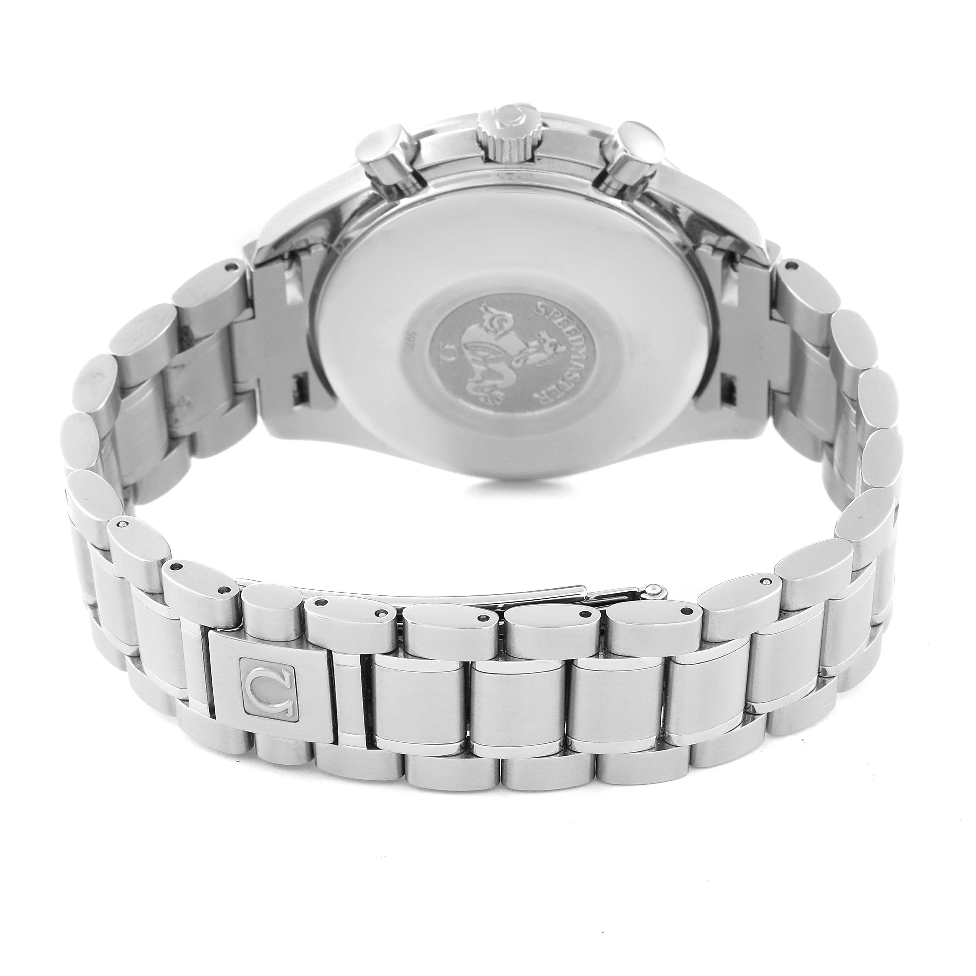 This image shows the Omega Speedmaster 3513.54.00 Men
s Stainless Steel Black Dial 3513.54.00 Men
s Stainless Steel Black Dial watch from the back, highlighting its case back, pushers, and metal bracelet.