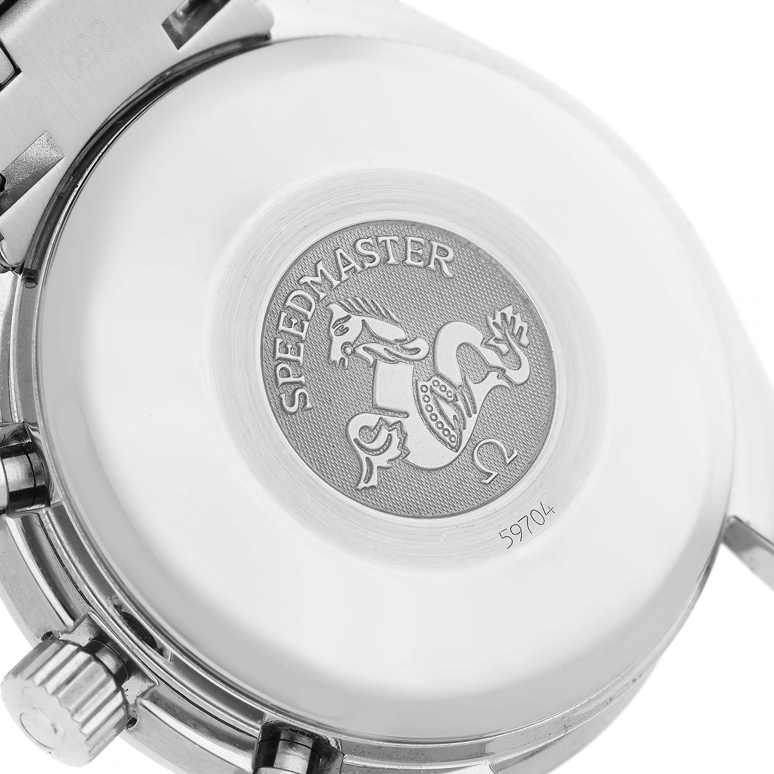 This image shows the back of an Omega Speedmaster 3513.54.00 Men
s Stainless Steel Black Dial 3513.54.00 Men
s Stainless Steel Black Dial watch, highlighting its case back and engraving.