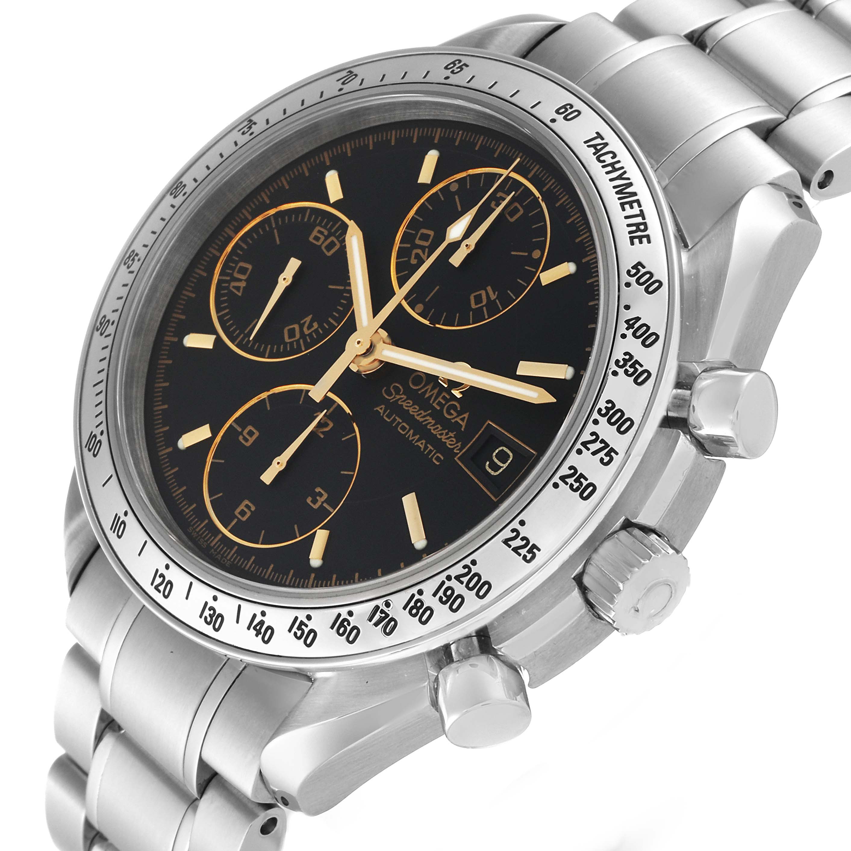 This image shows an Omega Speedmaster 3513.54.00 Men
s Stainless Steel Black Dial 3513.54.00 Men
s Stainless Steel Black Dial watch at a three-quarter angle, highlighting the dial, bezel, pushers, crown, and bracelet.