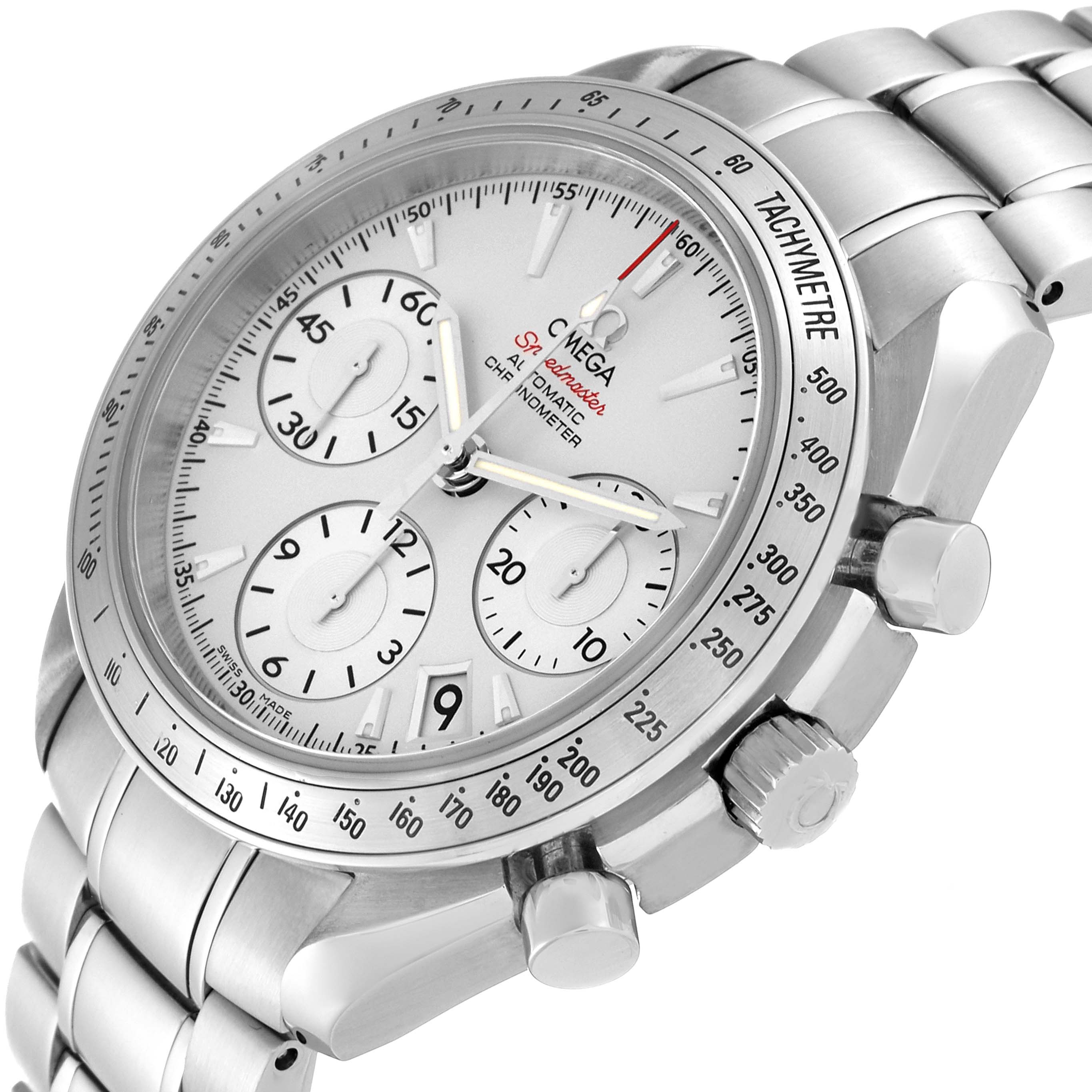 The image shows a close-up, tilted angle of the Omega Speedmaster 323.10.40.40.02.001 Men
s Stainless Steel Silver Dial 323.10.40.40.02.001 Men
s Stainless Steel Silver Dial watch, highlighting its dial, subdials, tachymeter bezel, and stainless steel bracelet.