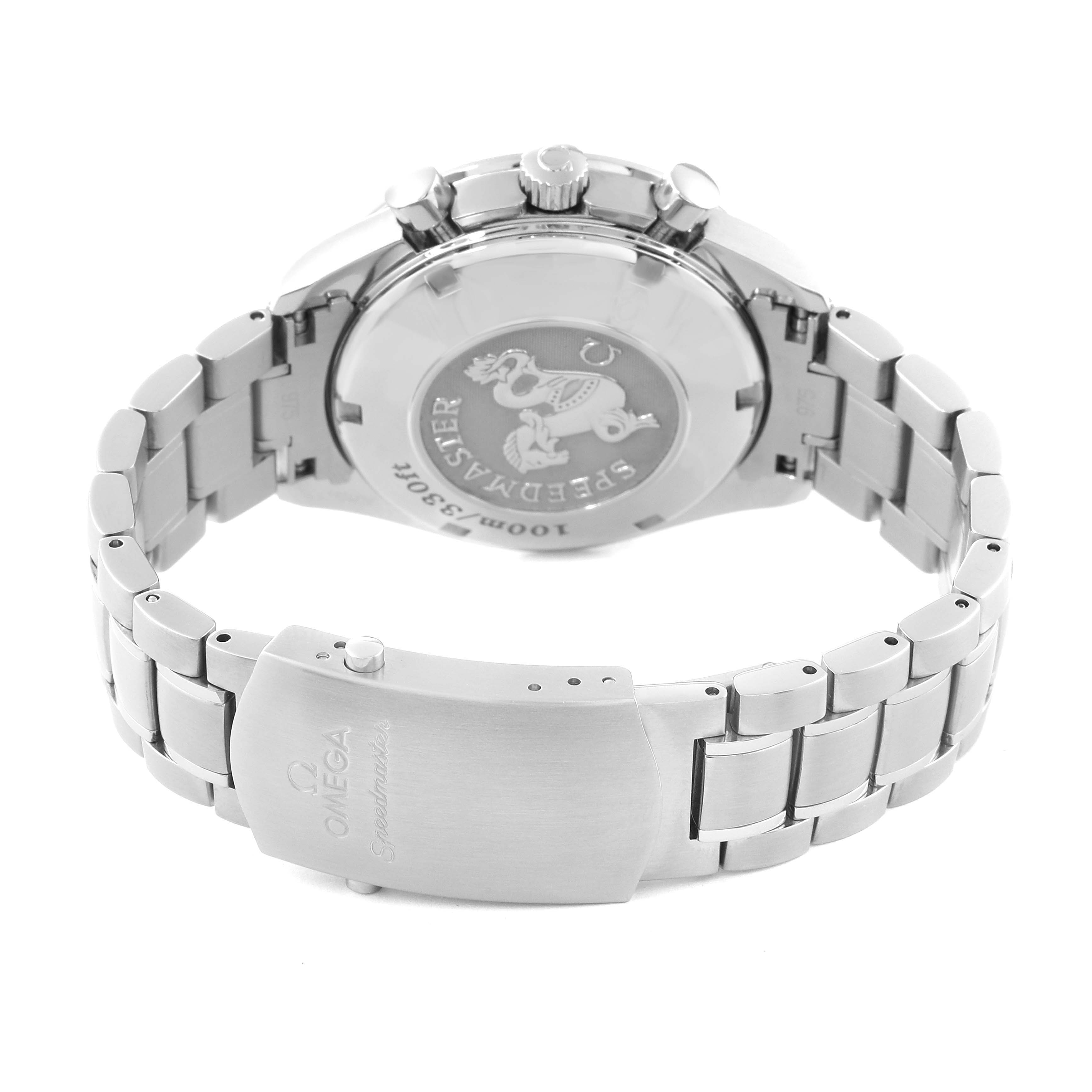 The image shows the back case and clasp of an Omega Speedmaster 323.10.40.40.02.001 Men
s Stainless Steel Silver Dial 323.10.40.40.02.001 Men
s Stainless Steel Silver Dial watch with a stainless steel bracelet.