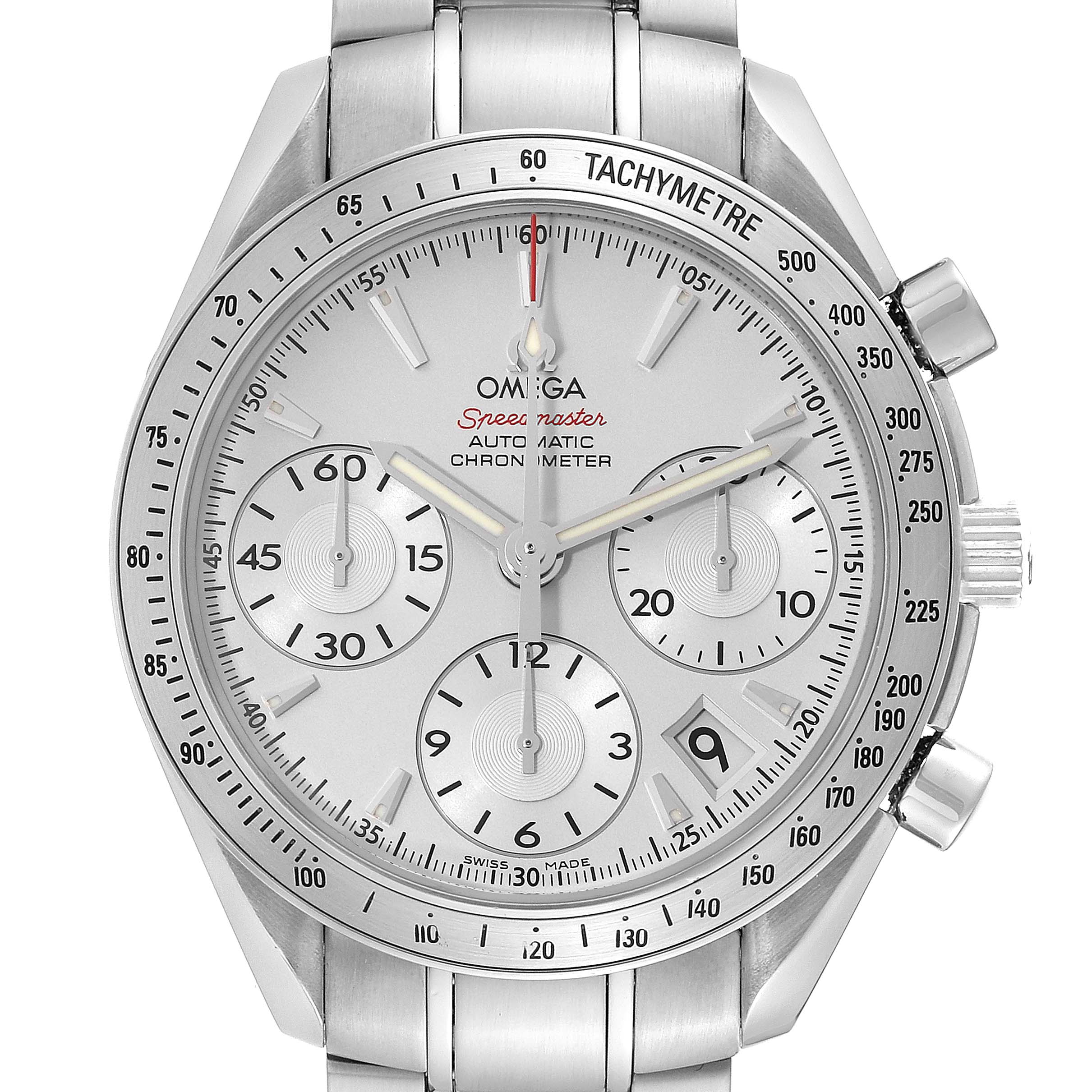 This Omega Speedmaster 323.10.40.40.02.001 Men
s Stainless Steel Silver Dial 323.10.40.40.02.001 Men
s Stainless Steel Silver Dial watch is shown from a front angle, displaying its dial, sub-dials, tachymeter bezel, and part of its bracelet.