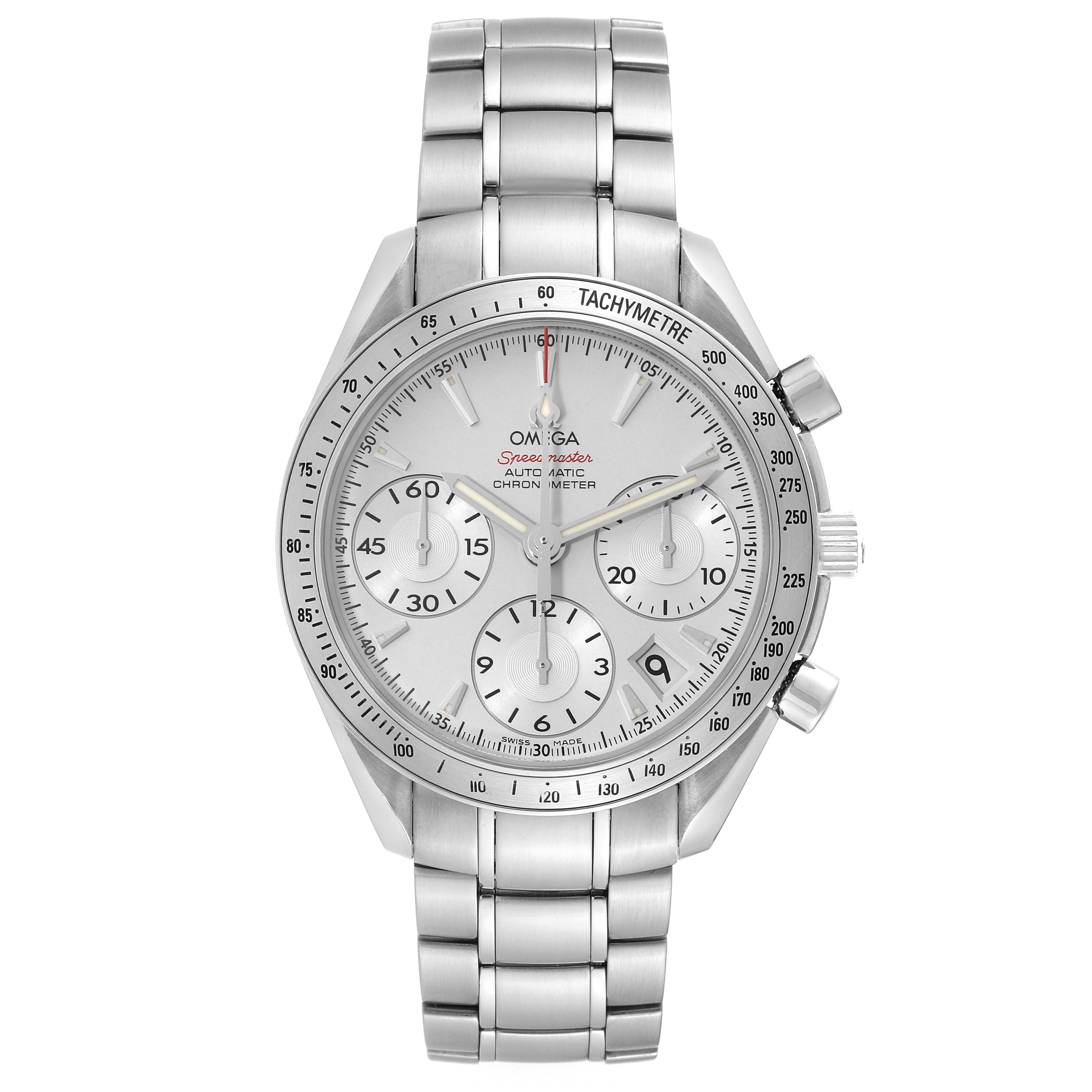 The image shows a front view of the Omega Speedmaster 323.10.40.40.02.001 Men
s Stainless Steel Silver Dial 323.10.40.40.02.001 Men
s Stainless Steel Silver Dial watch, highlighting its stainless steel band, chronograph subdials, and tachymeter scale.
