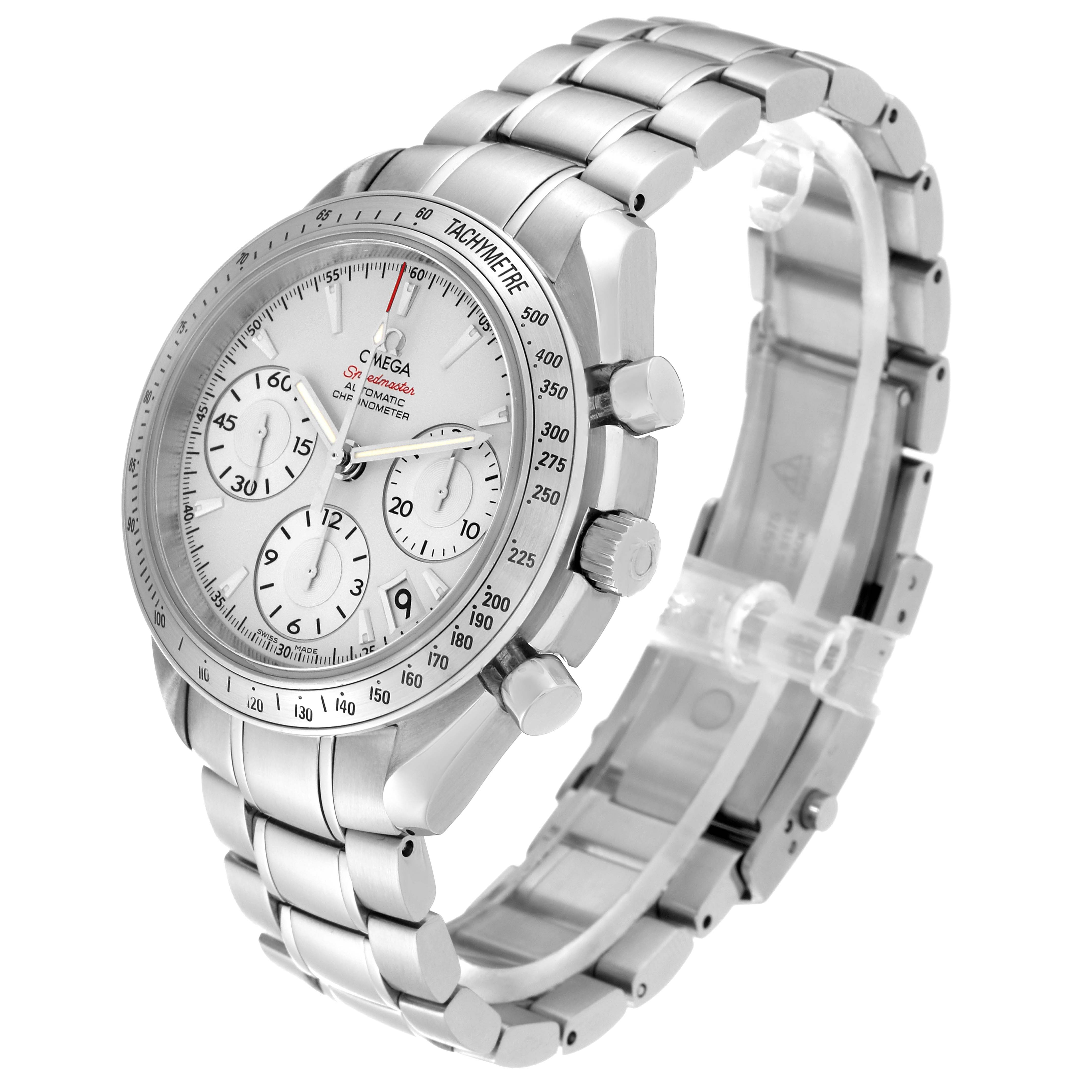 This image shows a side angle of an Omega Speedmaster 323.10.40.40.02.001 Men
s Stainless Steel Silver Dial 323.10.40.40.02.001 Men
s Stainless Steel Silver Dial, highlighting its bracelet, face, and chronograph buttons.