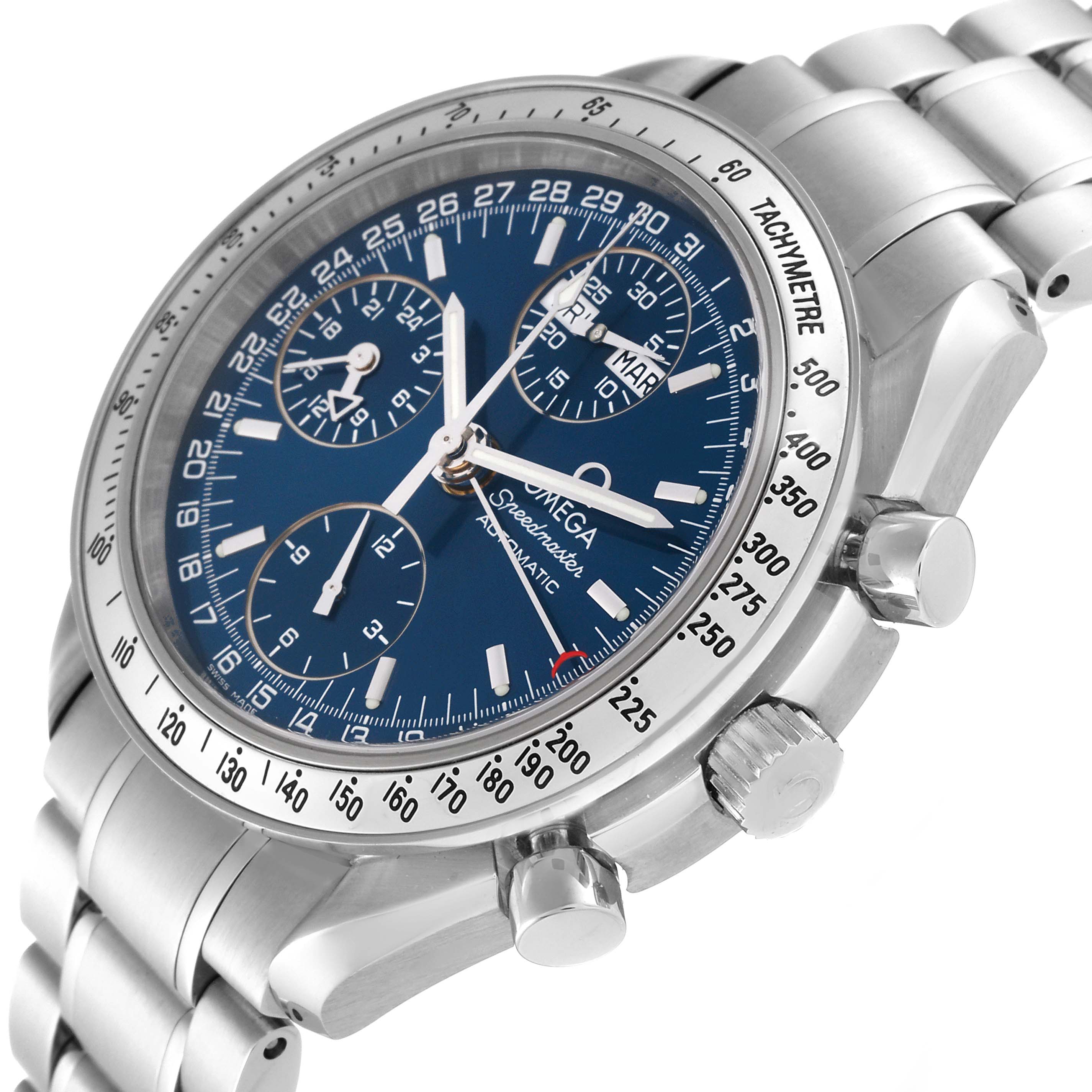 This image shows a close-up angle of an Omega Speedmaster 3523.80.00 Men
s Stainless Steel Blue Dial 3523.80.00 Men
s Stainless Steel Blue Dial watch, highlighting its blue dial, tachymeter bezel, and stainless steel bracelet.