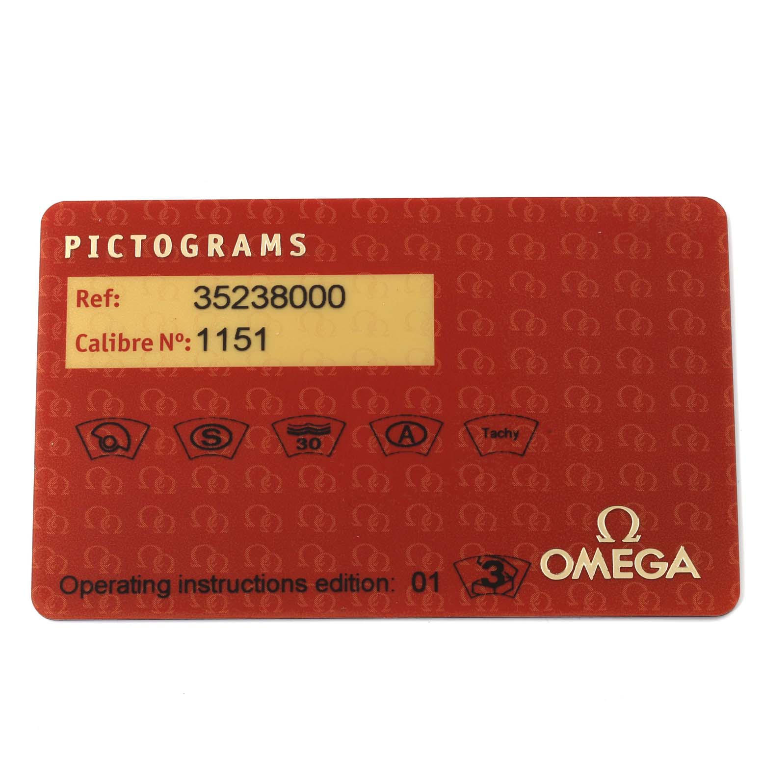 This is a red information card for the Omega Speedmaster 3523.80.00 Men
s Stainless Steel Blue Dial 3523.80.00 Men
s Stainless Steel Blue Dial, showing the reference number 35238000 and calibre number 1151.