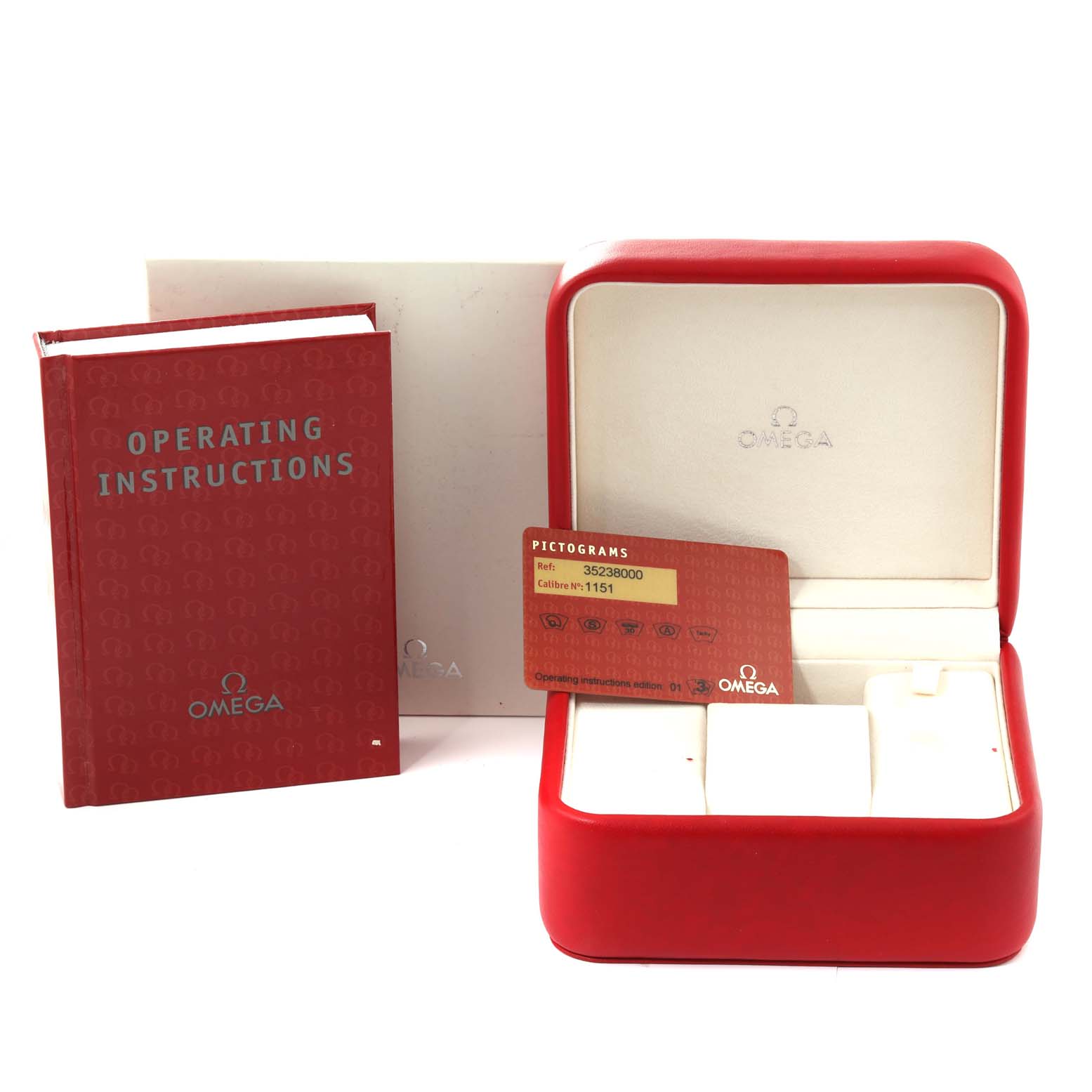 The image shows an Omega Speedmaster 3523.80.00 Men
s Stainless Steel Blue Dial 3523.80.00 Men
s Stainless Steel Blue Dial box, operating instructions manual, and a warranty card.