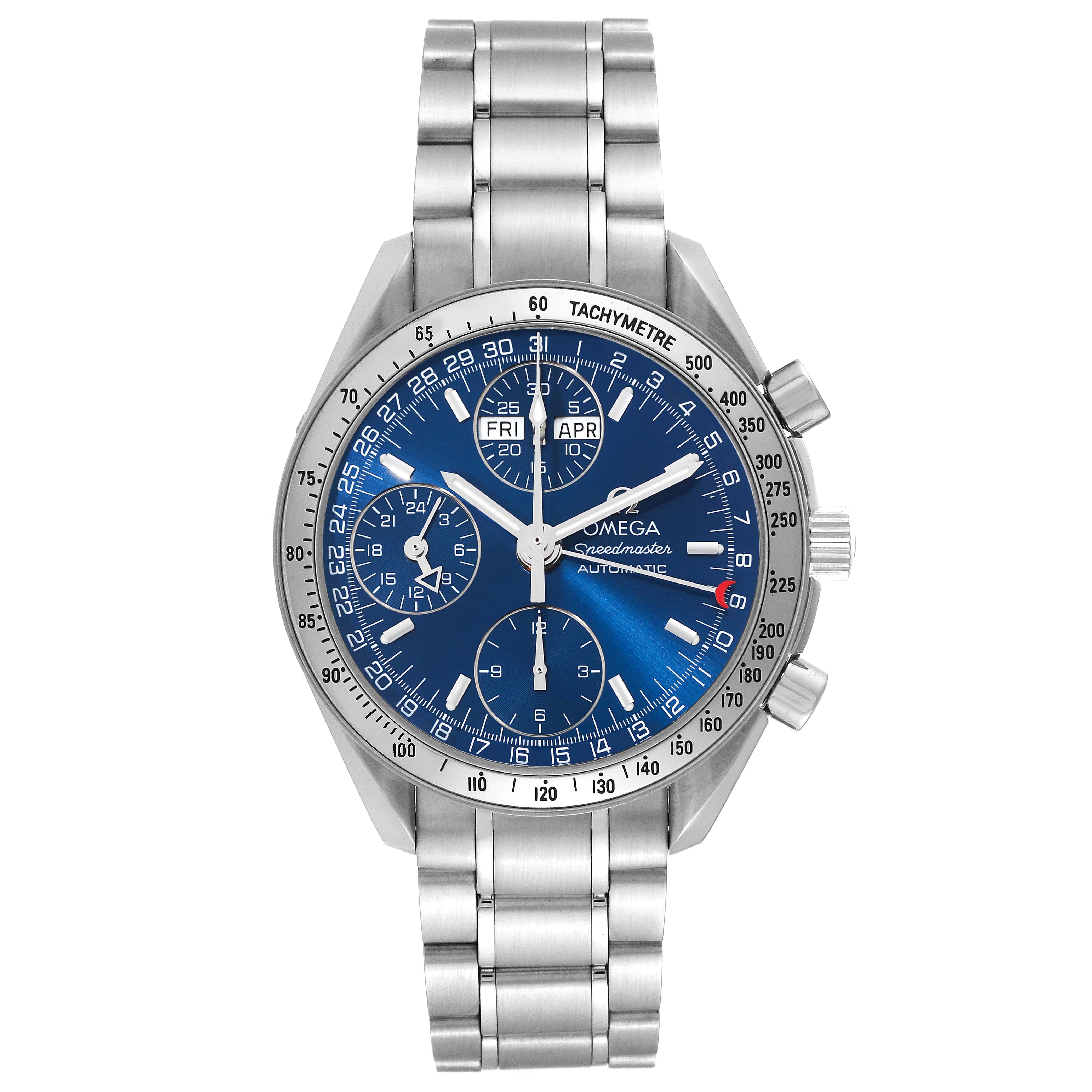 The image shows a front view of an Omega Speedmaster 3523.80.00 Men
s Stainless Steel Blue Dial 3523.80.00 Men
s Stainless Steel Blue Dial watch, displaying its blue dial, subdials, and stainless steel bracelet.