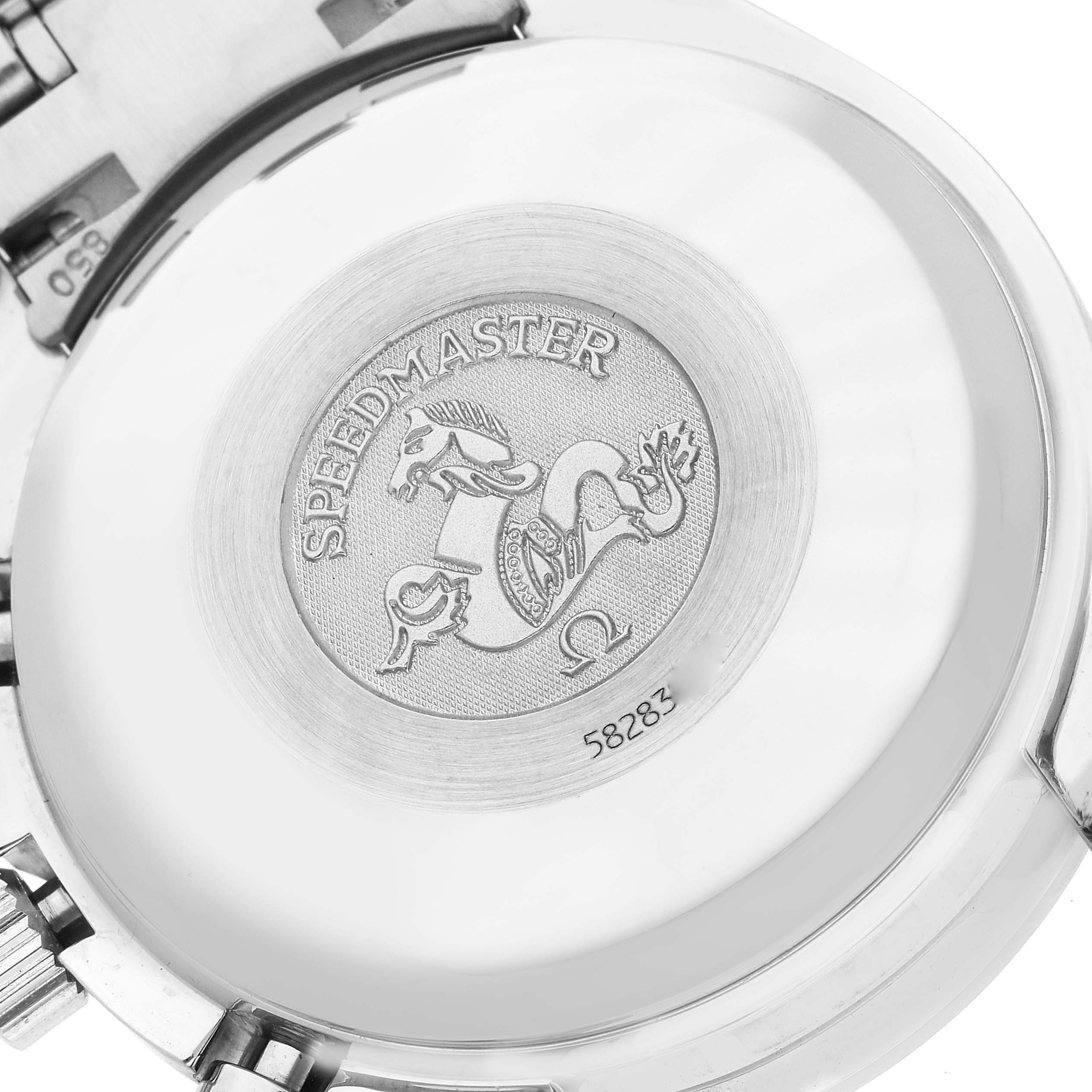 The image shows the case back of an Omega Speedmaster 3523.80.00 Men
s Stainless Steel Blue Dial 3523.80.00 Men
s Stainless Steel Blue Dial watch, featuring the embossed logo and model name.