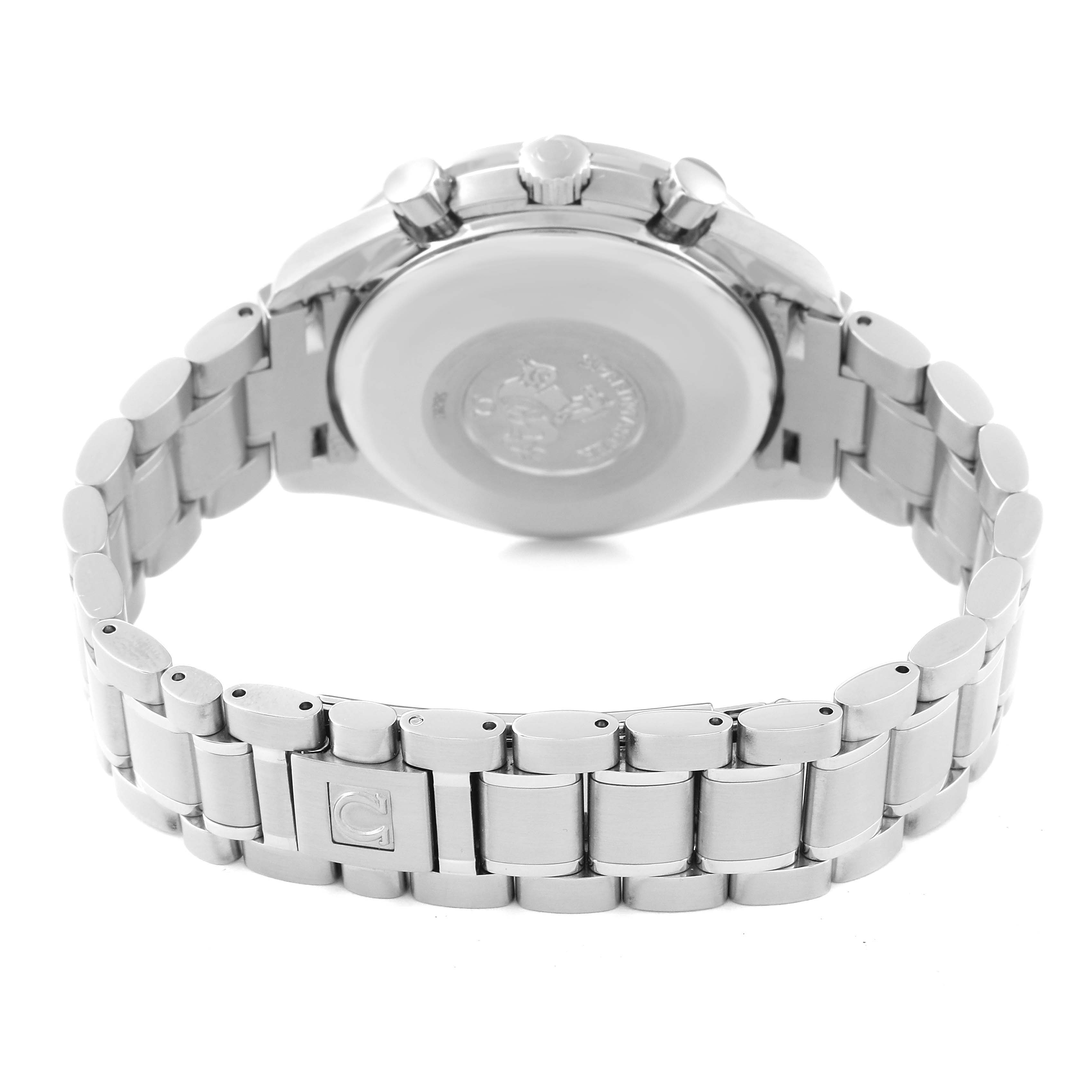 The image shows the back case and bracelet of an Omega Speedmaster 3523.80.00 Men
s Stainless Steel Blue Dial 3523.80.00 Men
s Stainless Steel Blue Dial watch, featuring the clasp and some buttons.