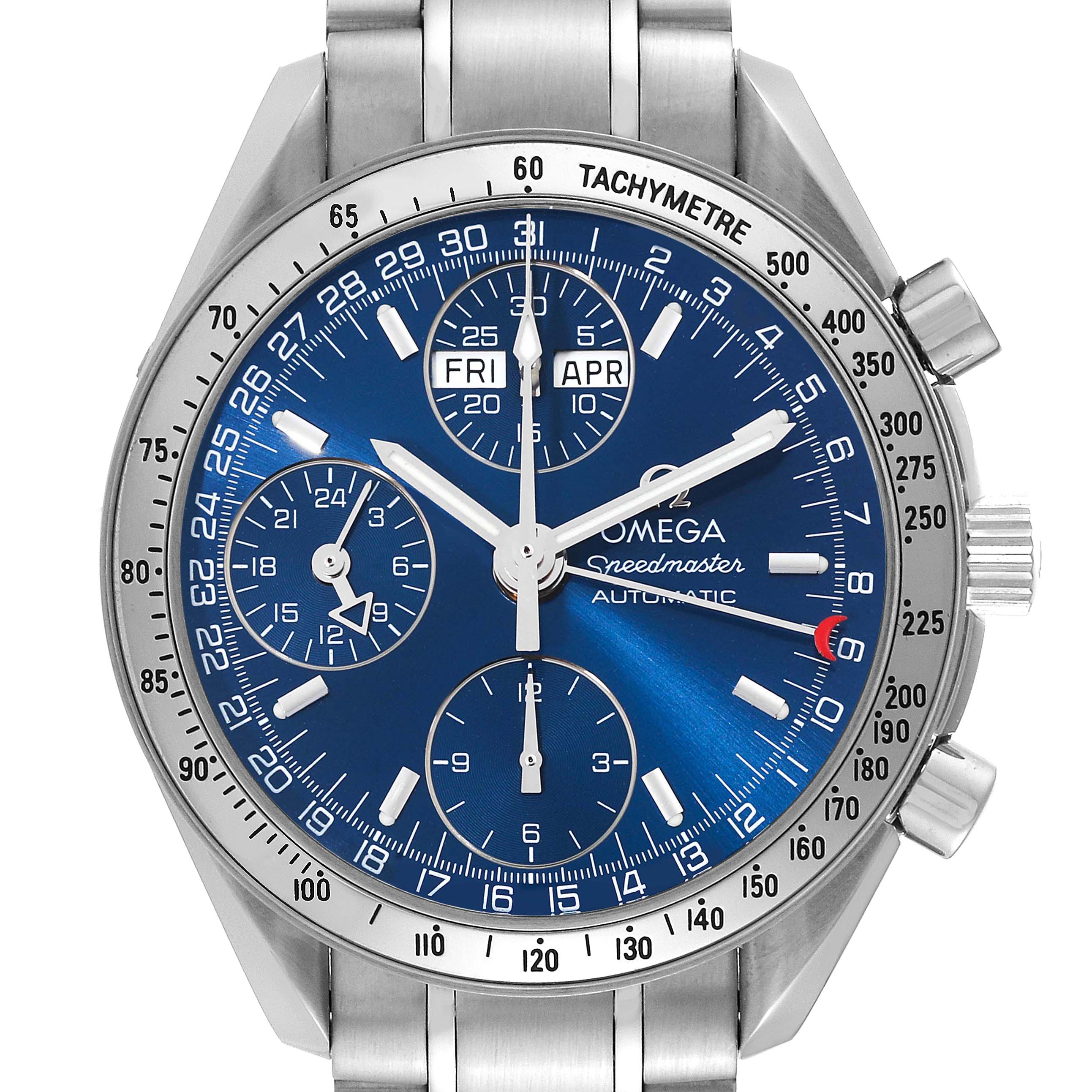 This is a frontal view of the Omega Speedmaster 3523.80.00 Men
s Stainless Steel Blue Dial 3523.80.00 Men
s Stainless Steel Blue Dial watch, featuring its blue dial, tachymeter, and subdials.