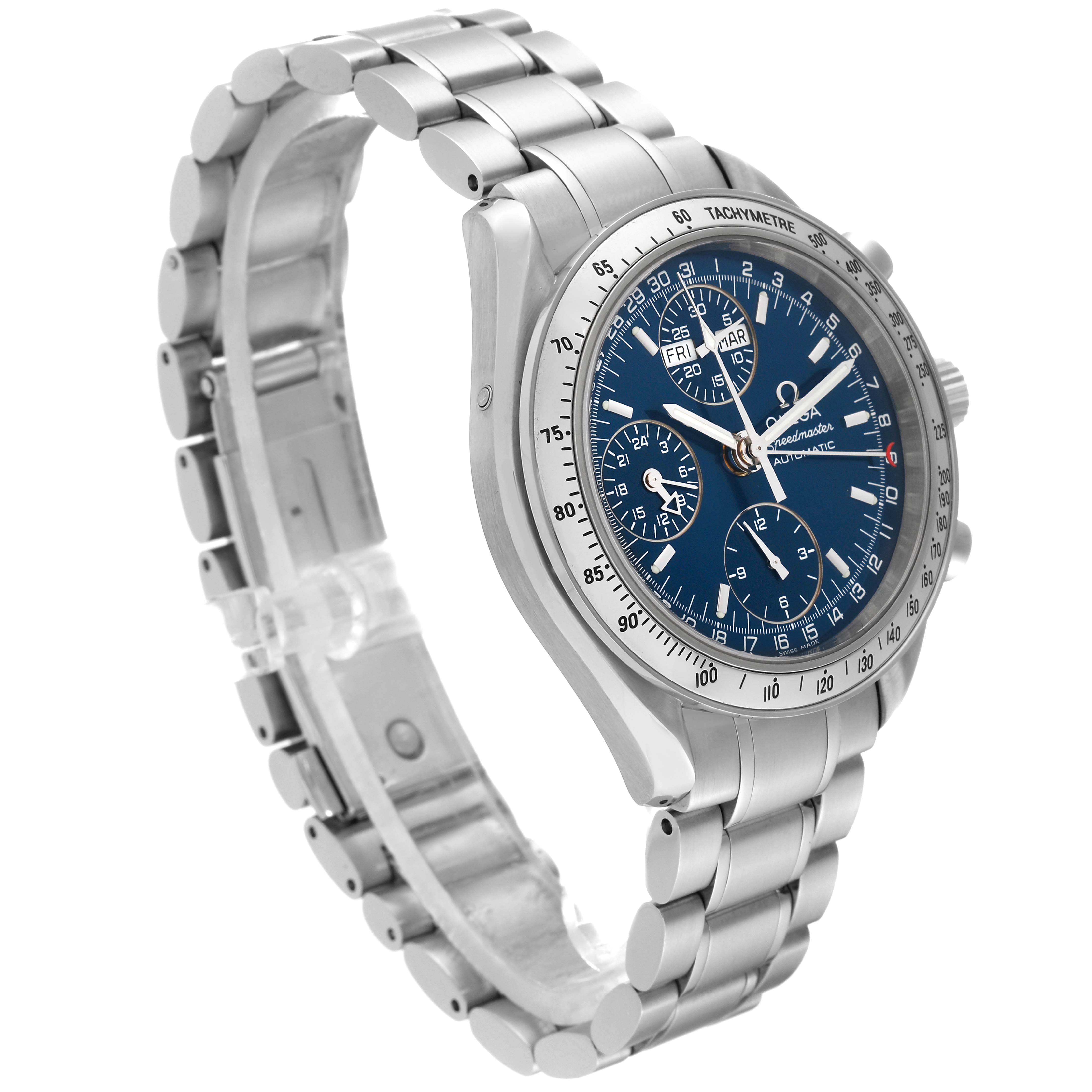 The Omega Speedmaster 3523.80.00 Men
s Stainless Steel Blue Dial 3523.80.00 Men
s Stainless Steel Blue Dial watch is shown in a three-quarter angle, highlighting its blue dial and stainless steel bracelet.